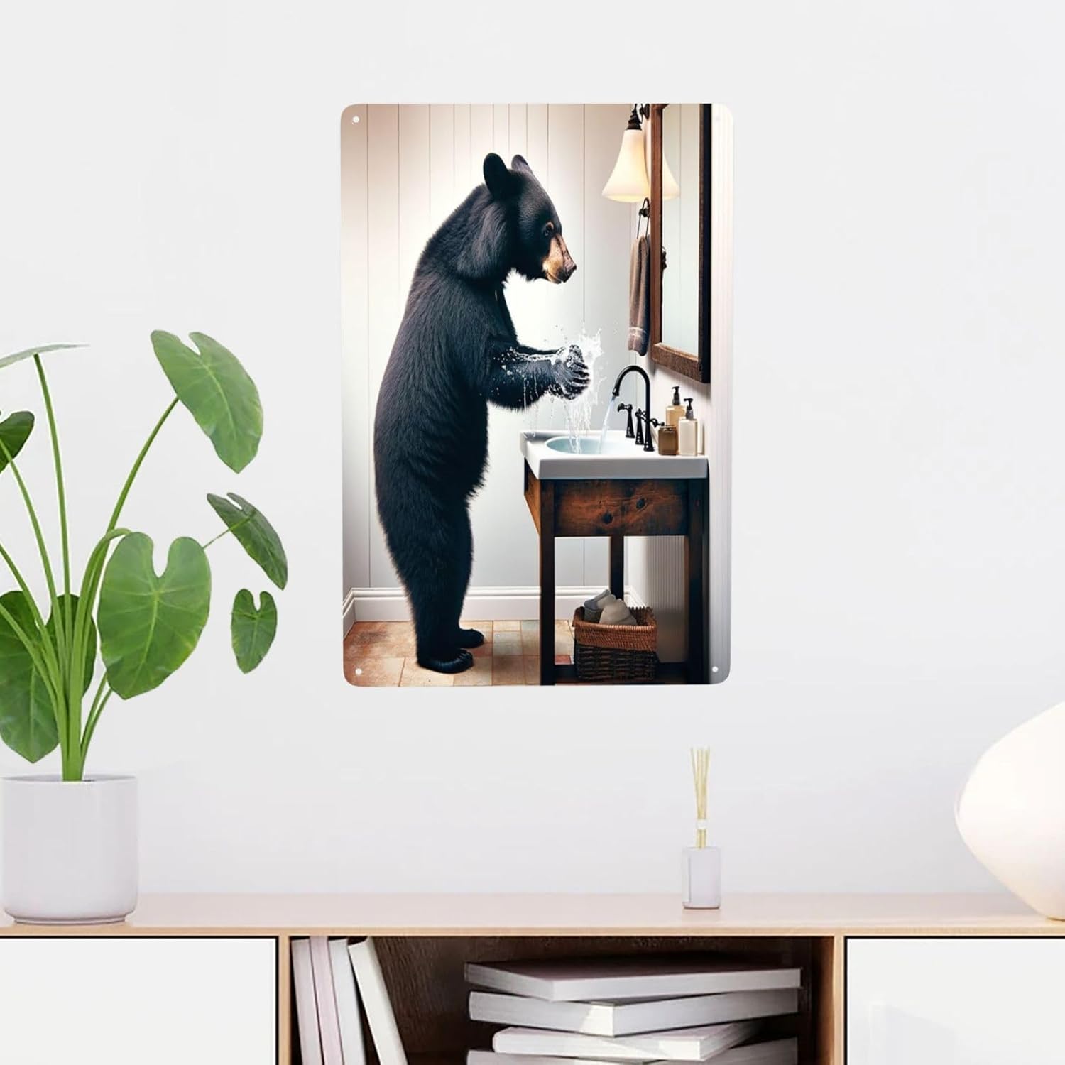 Whimsical Black Bear Handwash Wall Art Metal Tin Sign