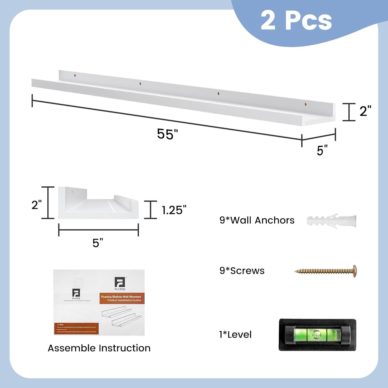 Picture Ledge Shelf Set of 2 White Solid Pine Wood Floating Shelves