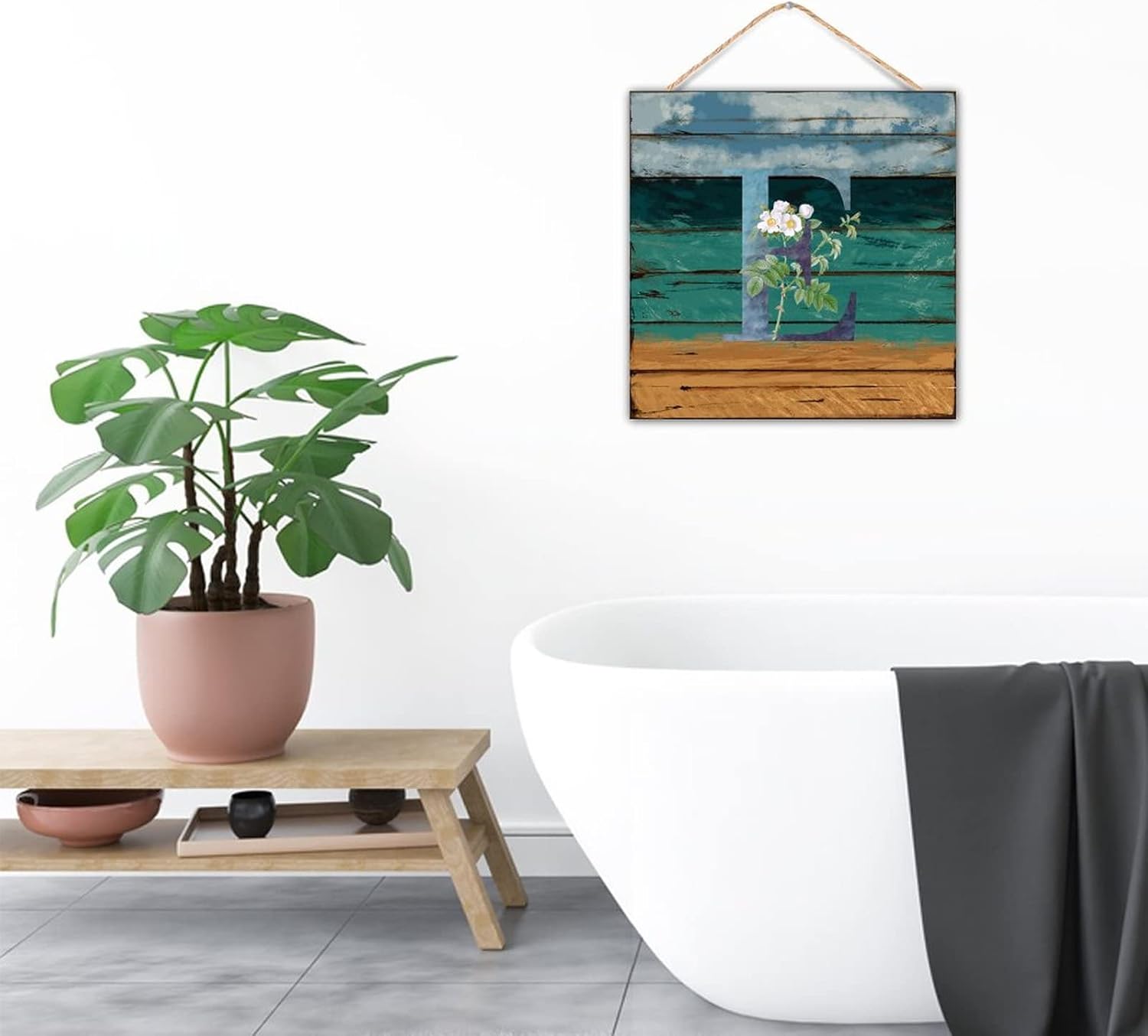 Rustic Wood Wall Sign Initial Letter E Blue Green
