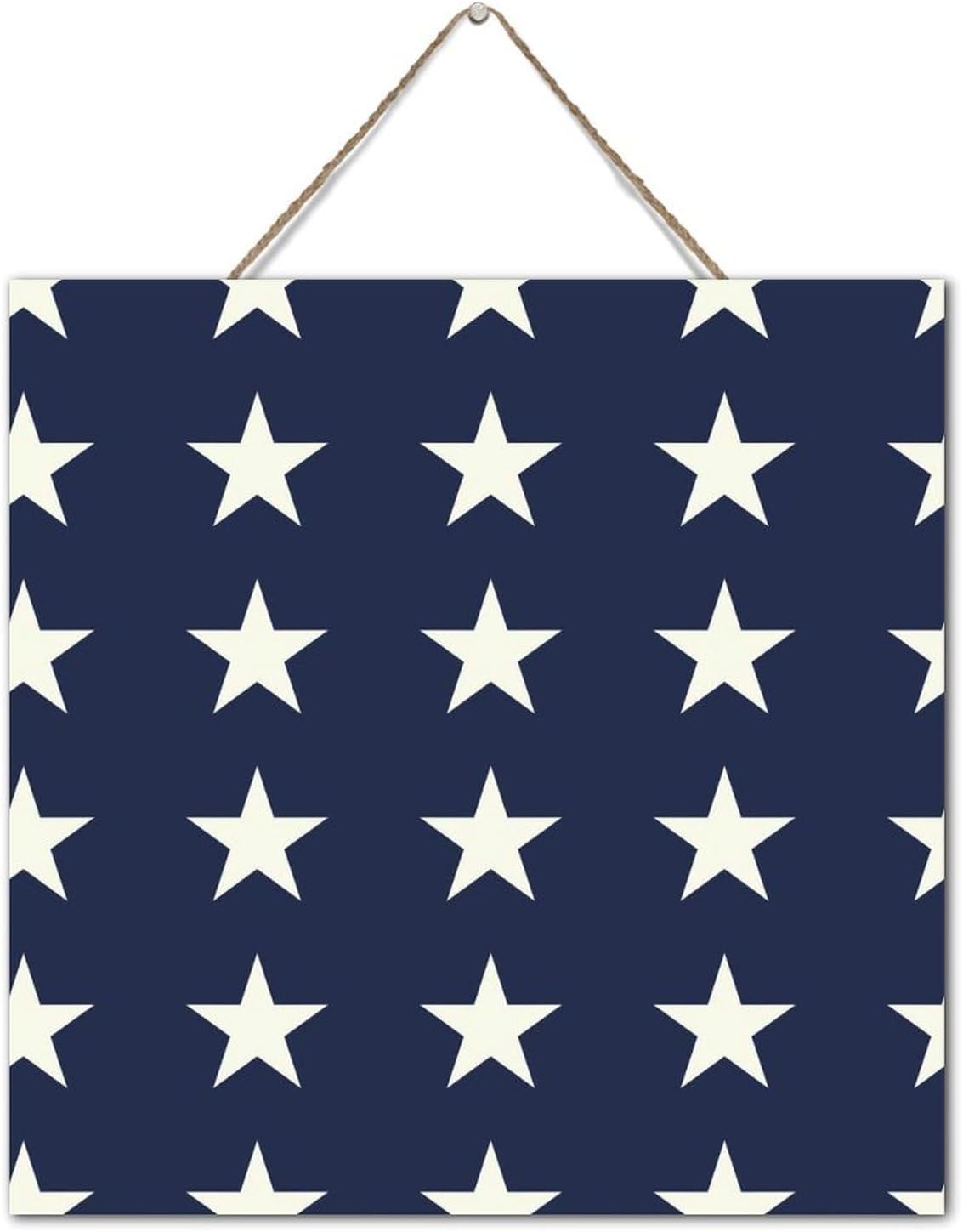 White And Blue Star 4th of July Wood Wall Sign 12x12 Inch