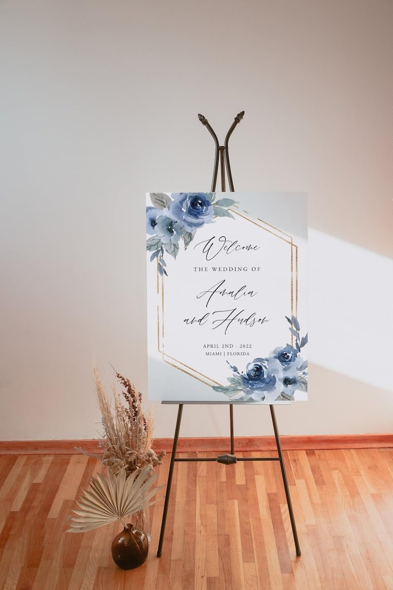 Custom Dusty Blue Floral Wedding Welcome Sign