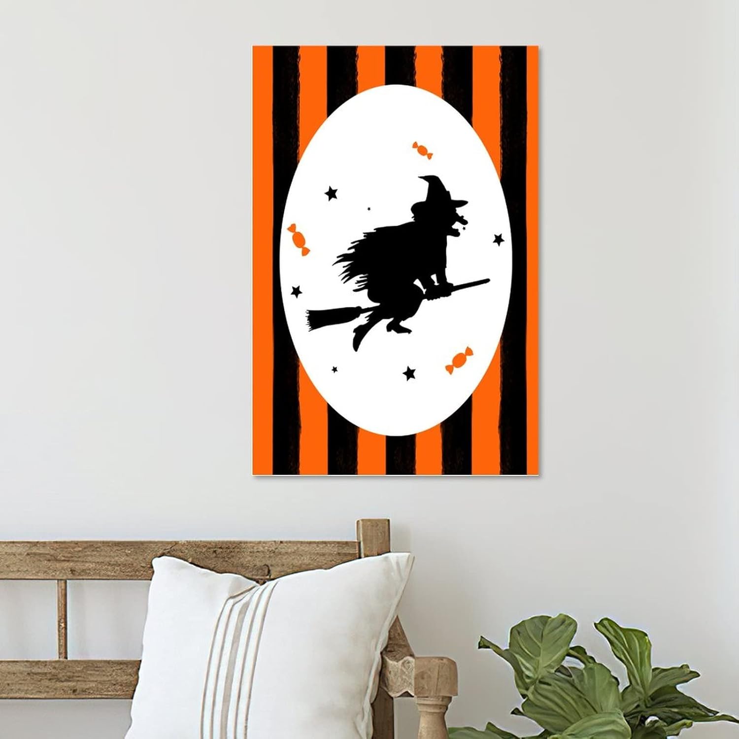Wooden Halloween Sign with Orange Black Pumpkins Cat Witch