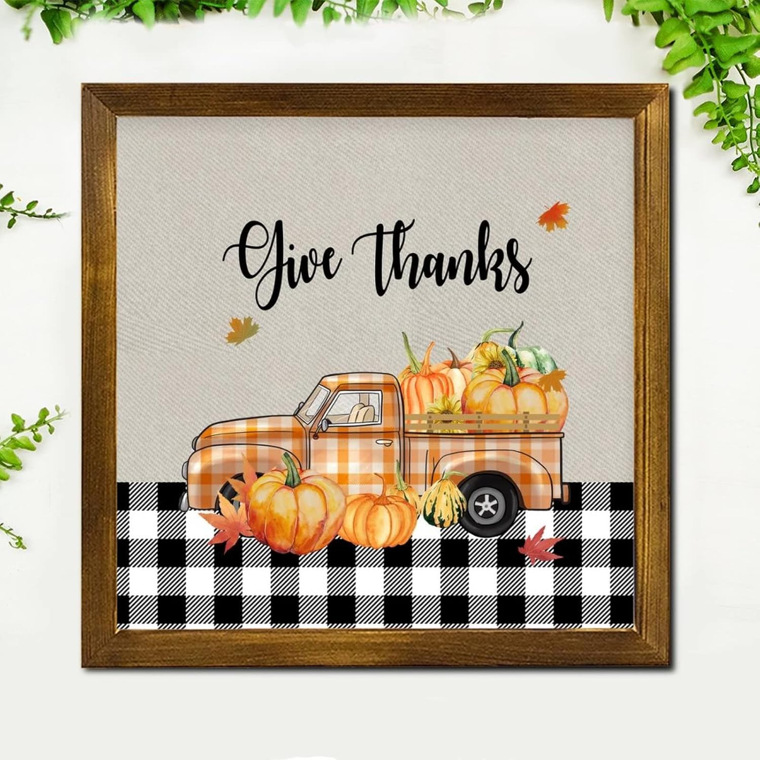 Give Thanks Pumpkin Orange Plaid Truck Wood Wall Sign 12x12 inch