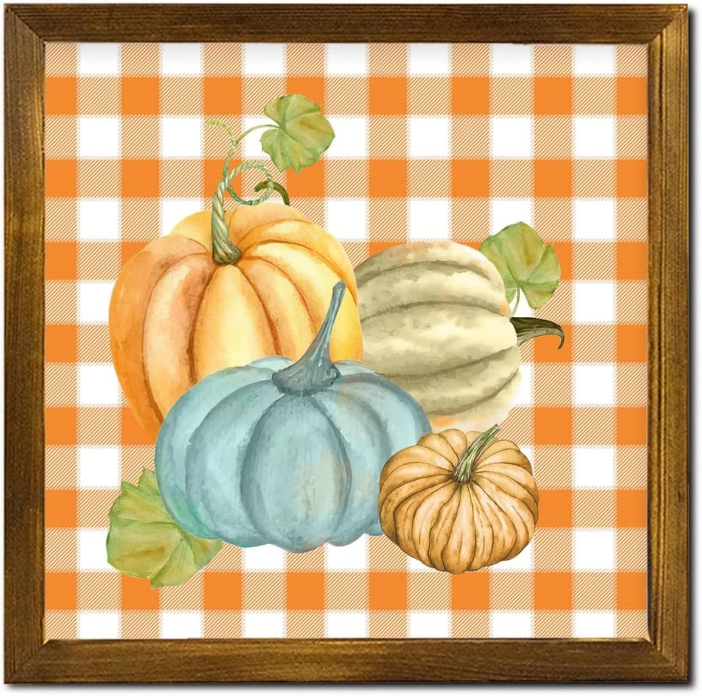 Farmhouse Pumpkin Watercolor Buffalo Plaid Framed Wooden Sign