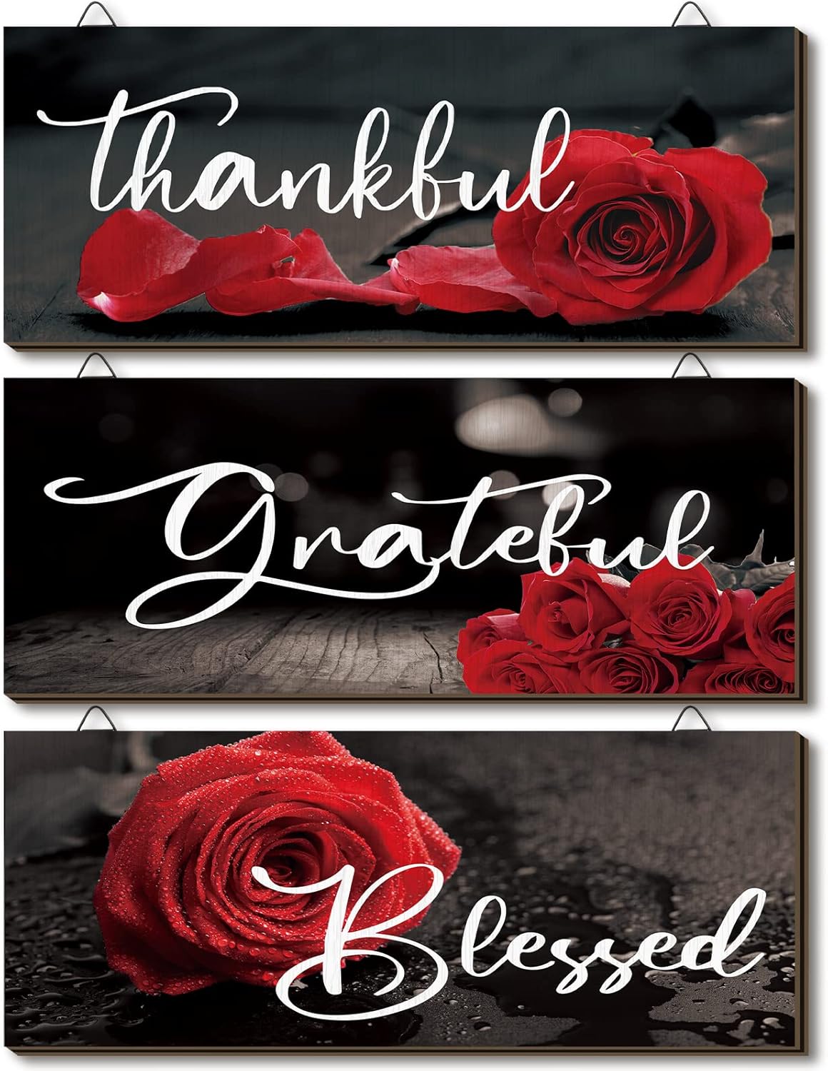 Hillban 3 Piece Red Rose Wooden Wall Art Decor