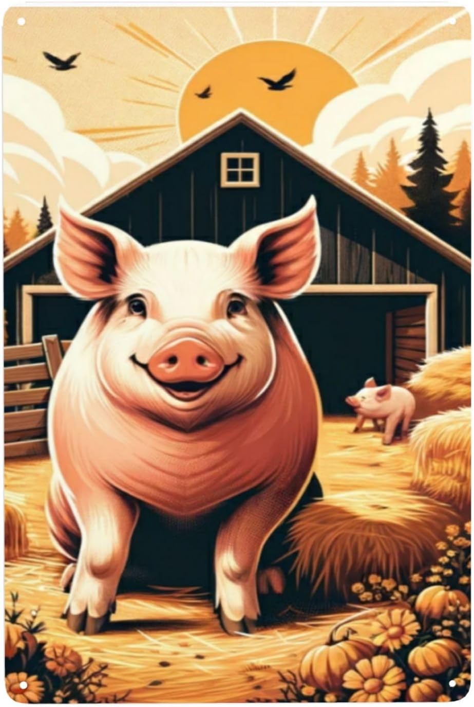 Farmhouse Metal Wall Art with Retro Pig Barnyard Tin Sign