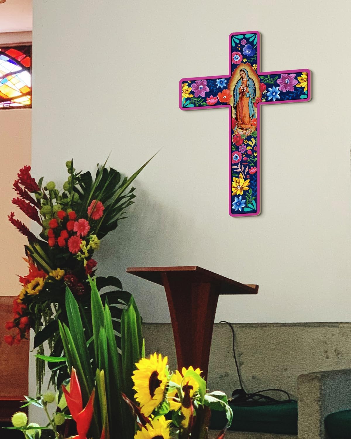 Floral Cross Wall Decor Mexican Style Wooden Art