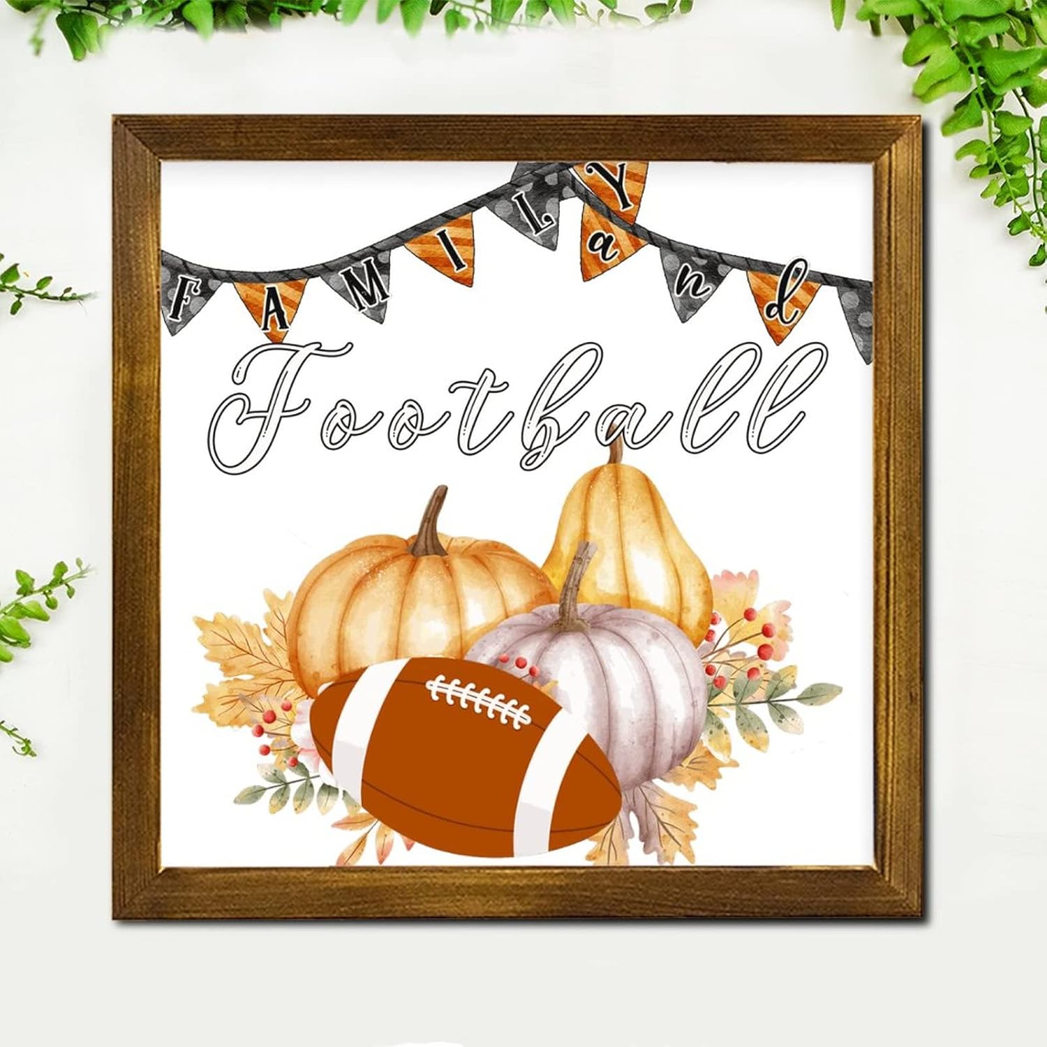 Family and Football Wood Framed Sign 12x12 Inch Wall Decor