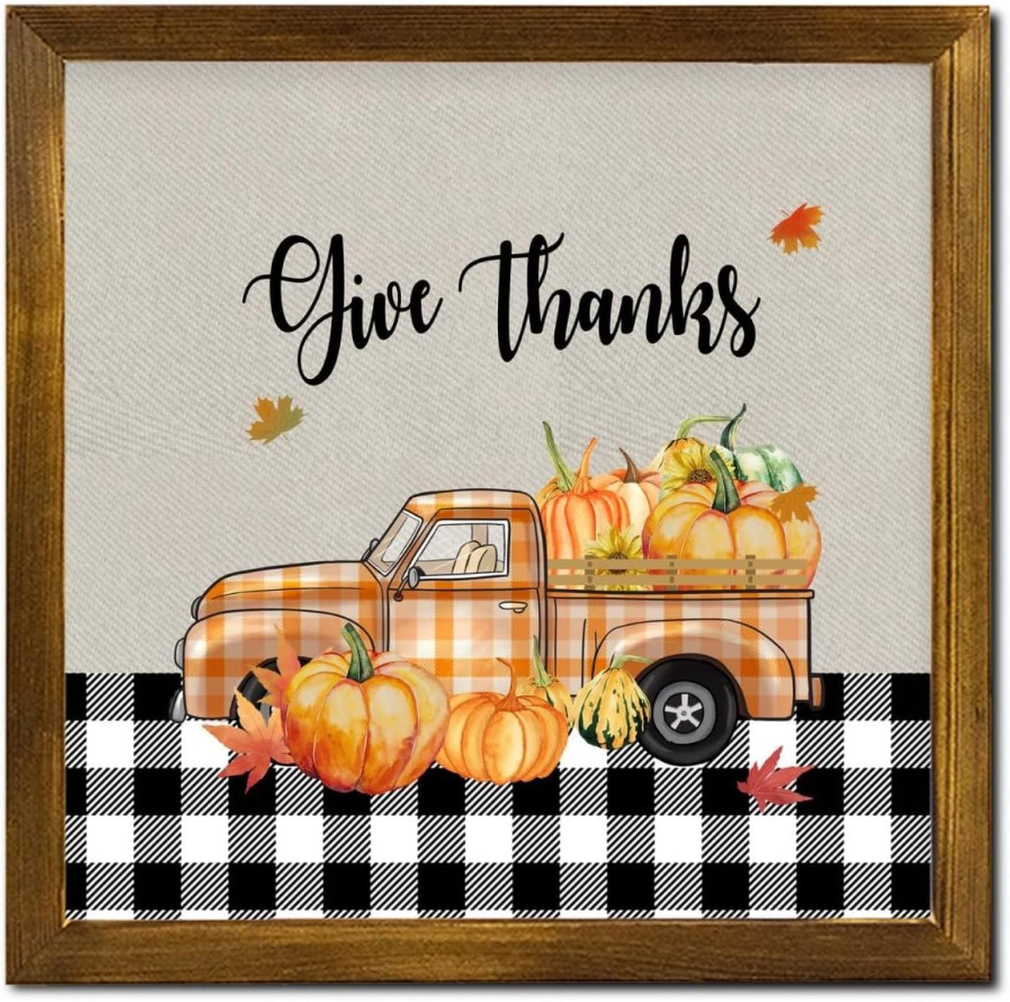 Give Thanks Pumpkin Orange Plaid Truck Wood Wall Sign 12x12 inch