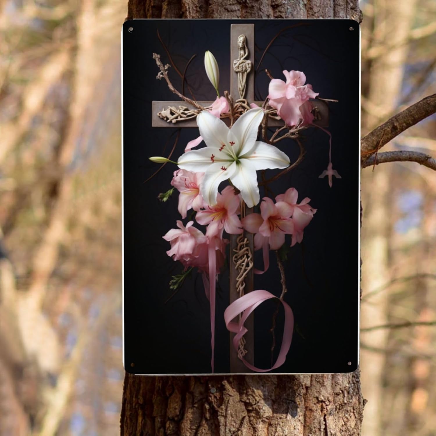 Serene Lily Cross Metal Wall Decor Tin Sign