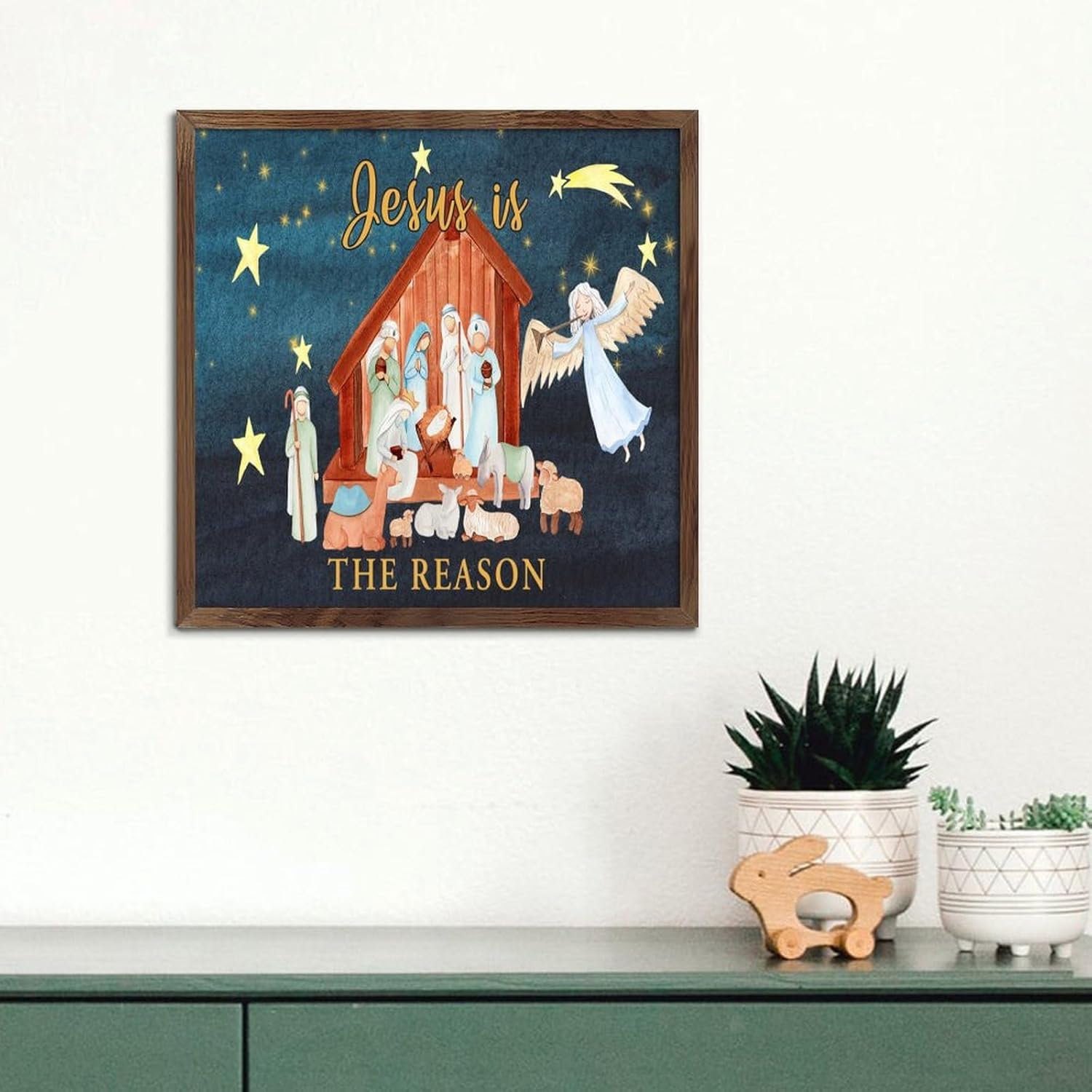 Christmas Nativity Scene Wood Framed Sign 7x7in