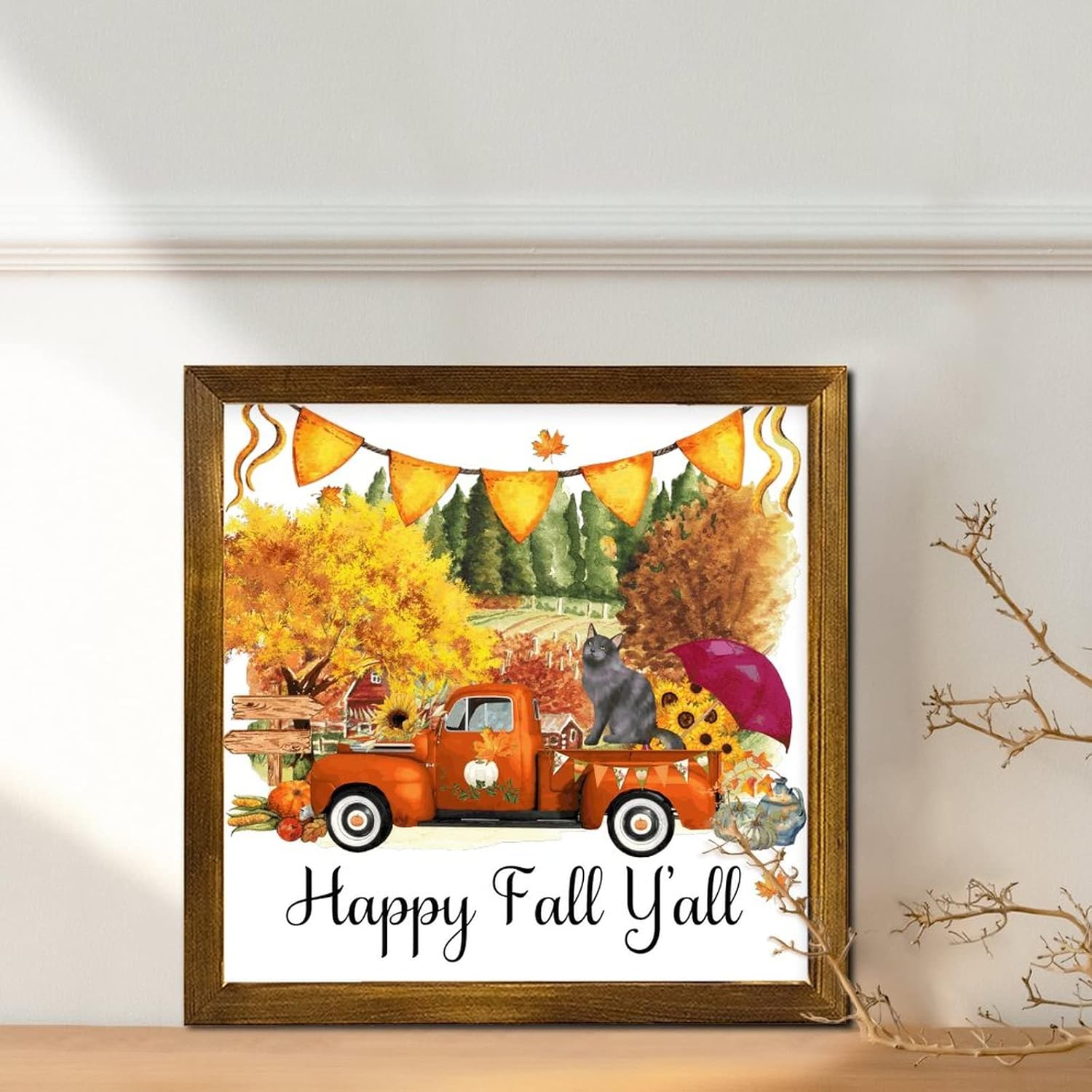 Happy Fall Yall Farm Flower Orange Truck Cat Framed Wood Sign