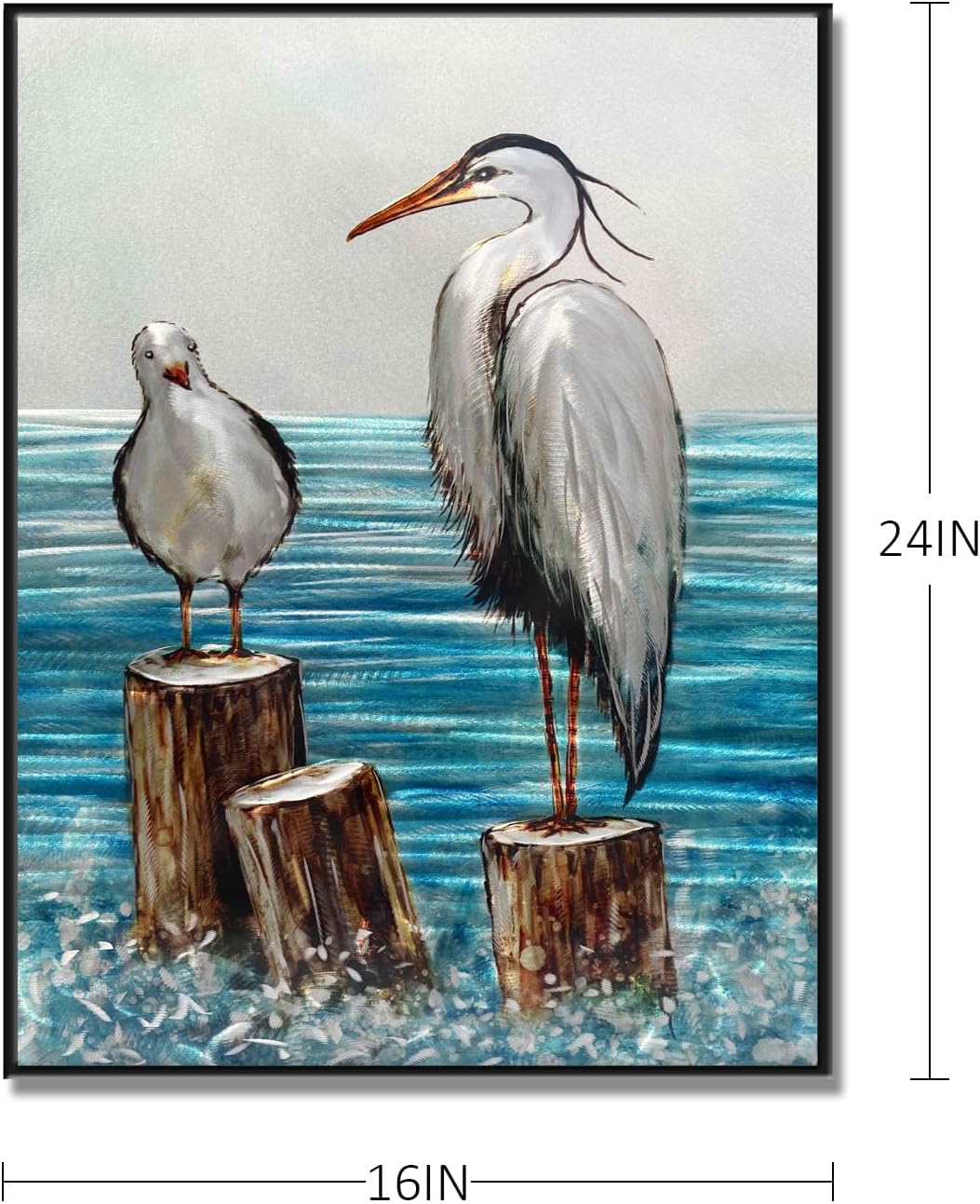 Heron and Seagull Metal Wall Sculpture Silver Aqua Aluminum Art