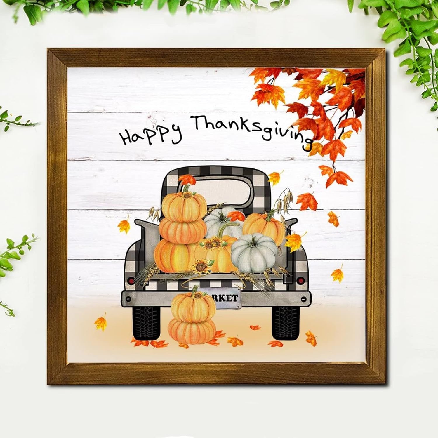 Happy Thanksgiving Pumpkin Plaid Truck Wooden Wall Sign