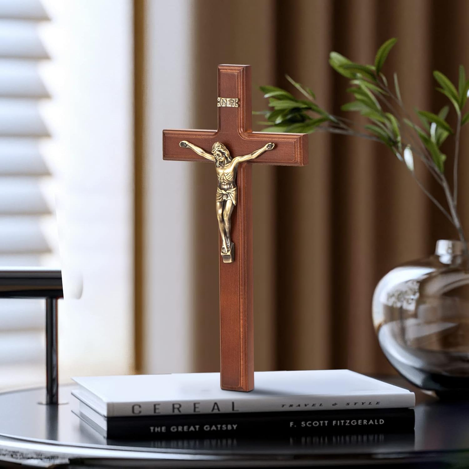 ARCHOBAN 12 Inch Wooden Wall Cross with Jesus Christ - Brown and Antique Brass