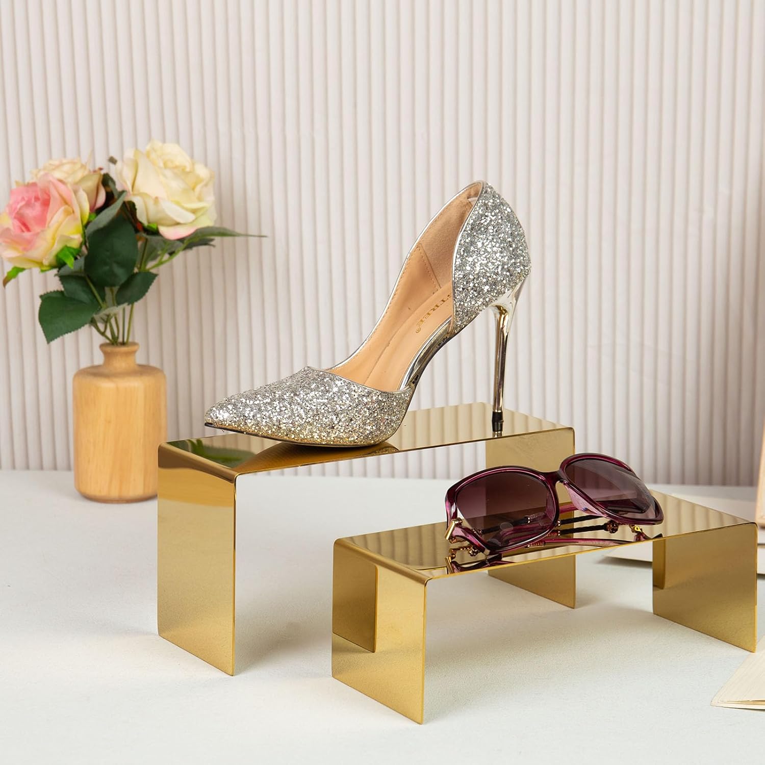 Three Gold Risers Display Stand for Handbags Shoes Jewelry