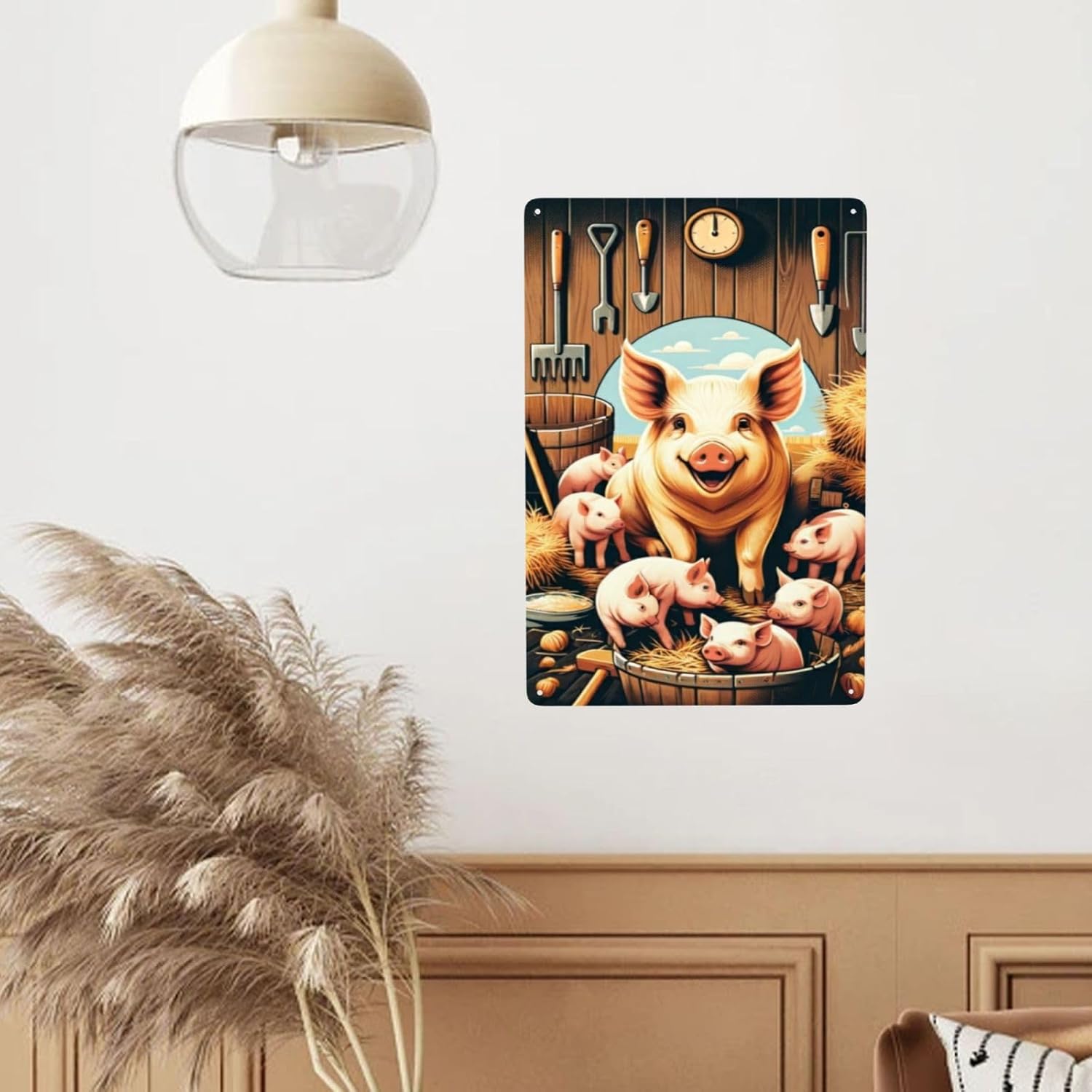 Rustic Barnyard Bliss Metal Wall Art Smiling Pig Piglets Tin Sign
