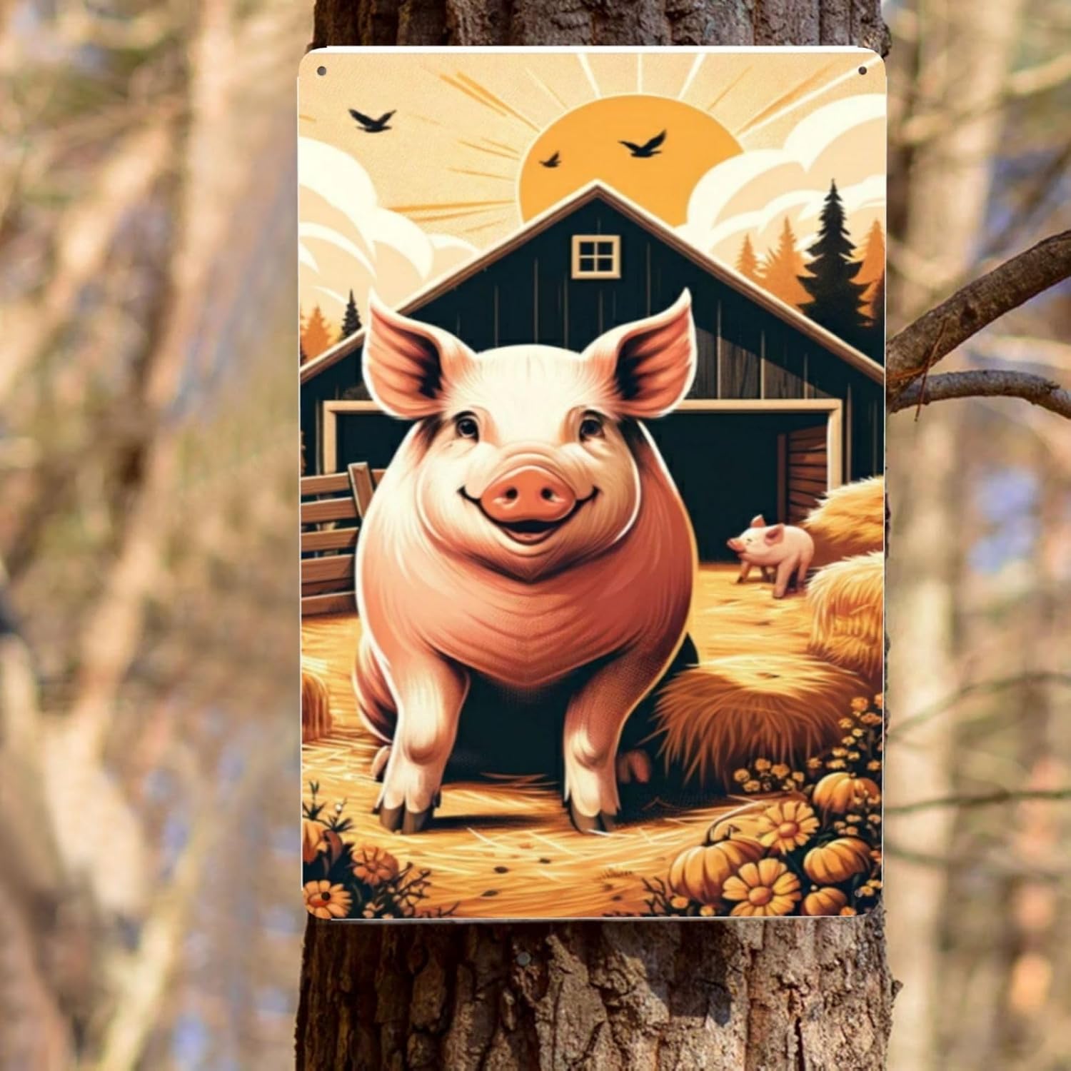 Farmhouse Metal Wall Art with Retro Pig Barnyard Tin Sign