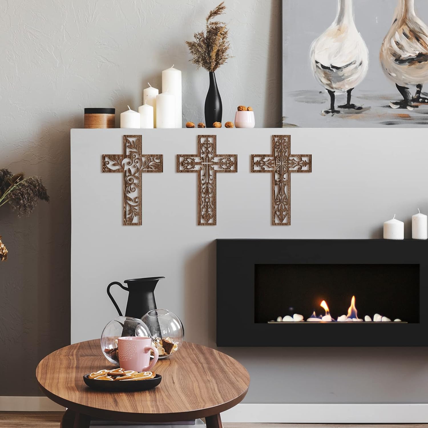Yookeer 3 Pcs Handmade Brown Wooden Wall Cross Decor