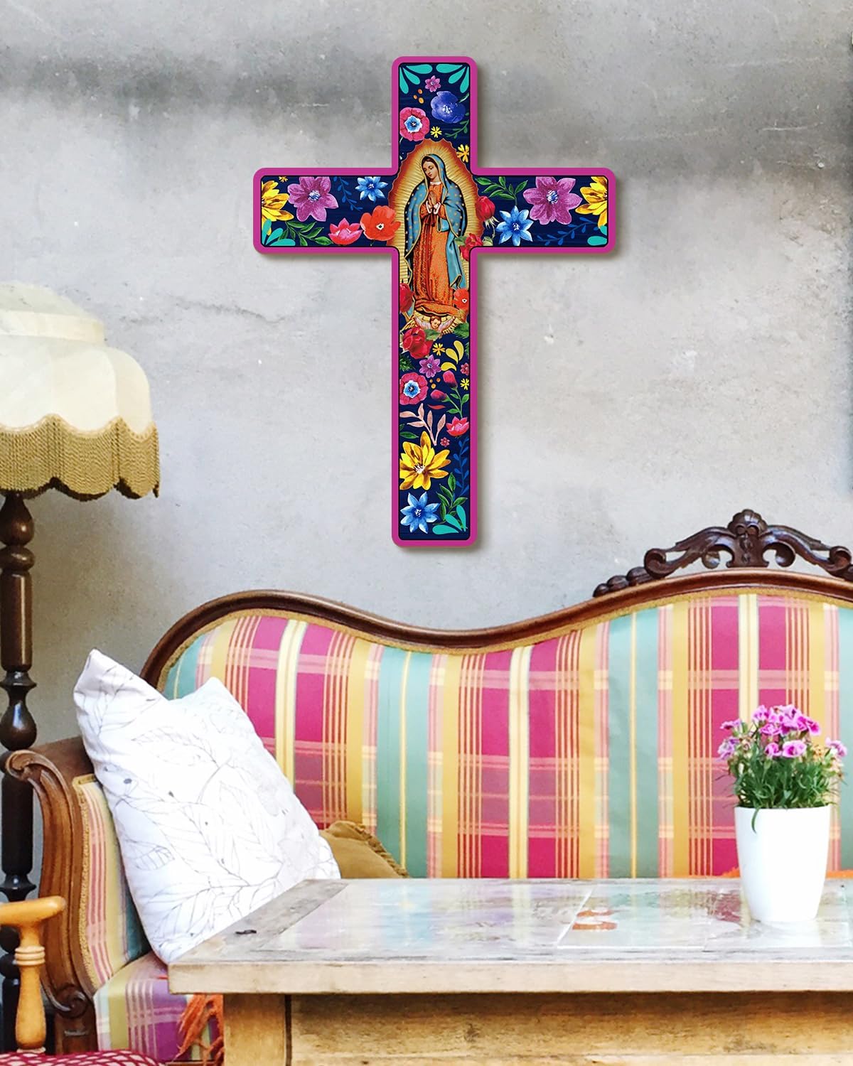 Floral Cross Wall Decor Mexican Style Wooden Art