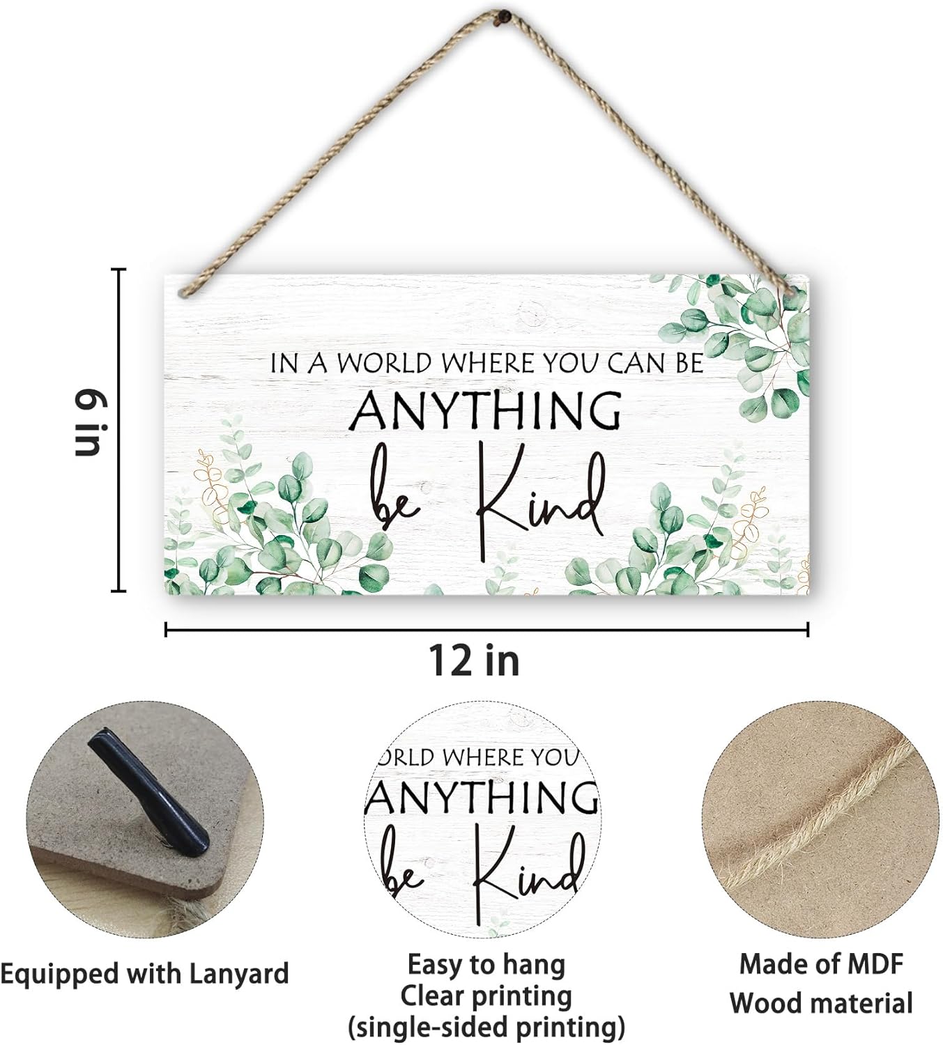 PHAMTE Be Kind Wooden Sign with Eucalyptus Leaf Design