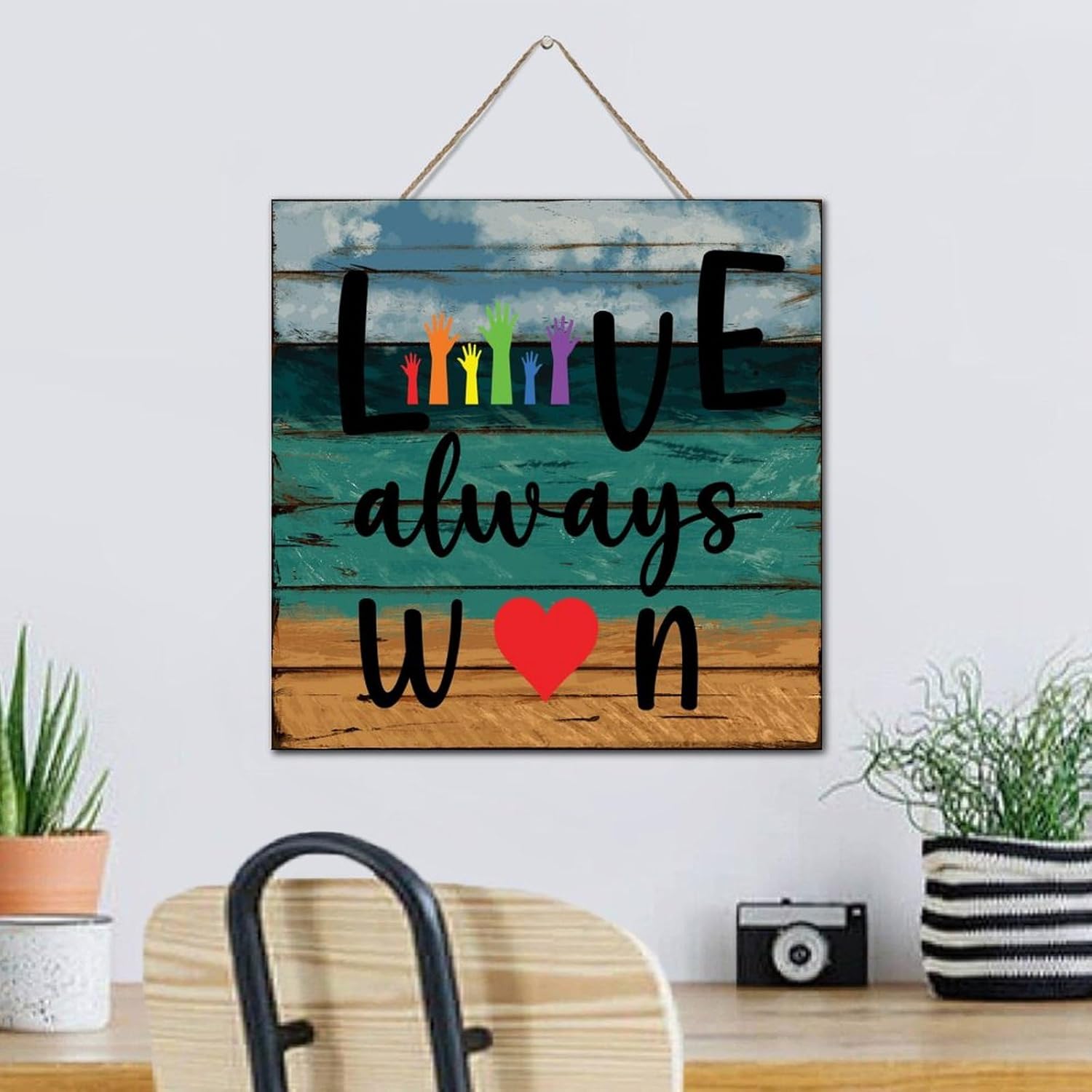 Love Always Win Wooden Wall Art Sign 12x12 Inch