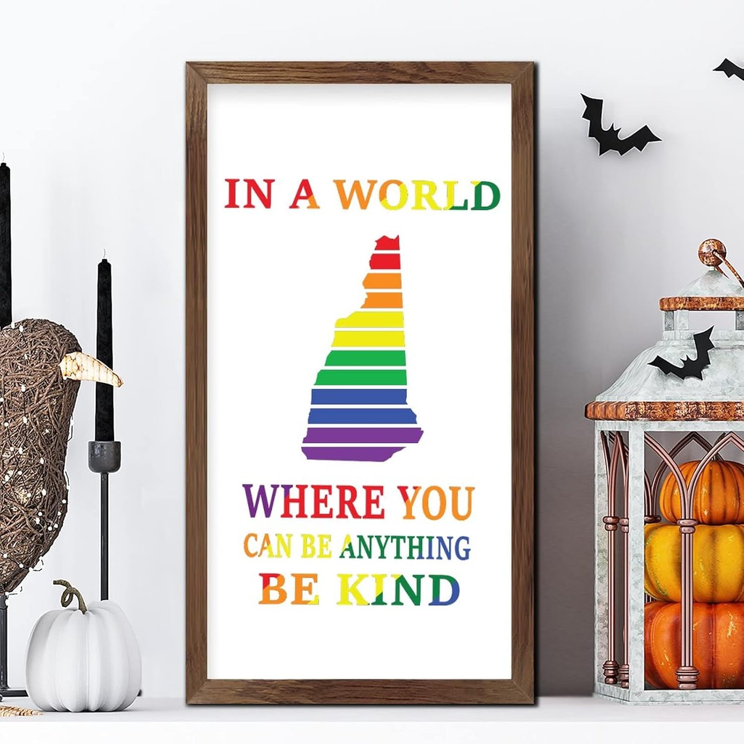 Rainbow New Hampshire Map Wood Framed Sign 22x12