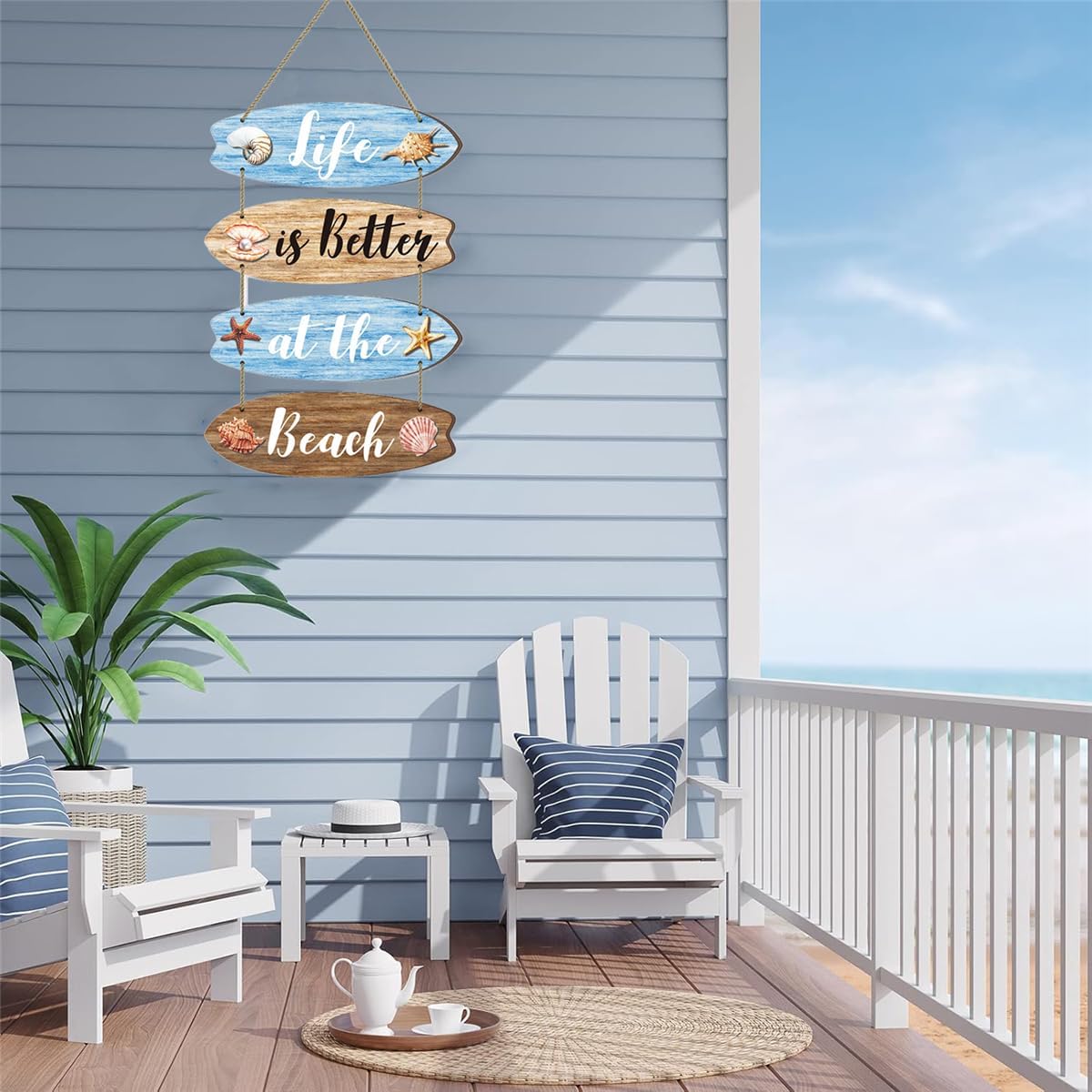 Wooden Beach Wall Decor Sign with Shells and Starfish