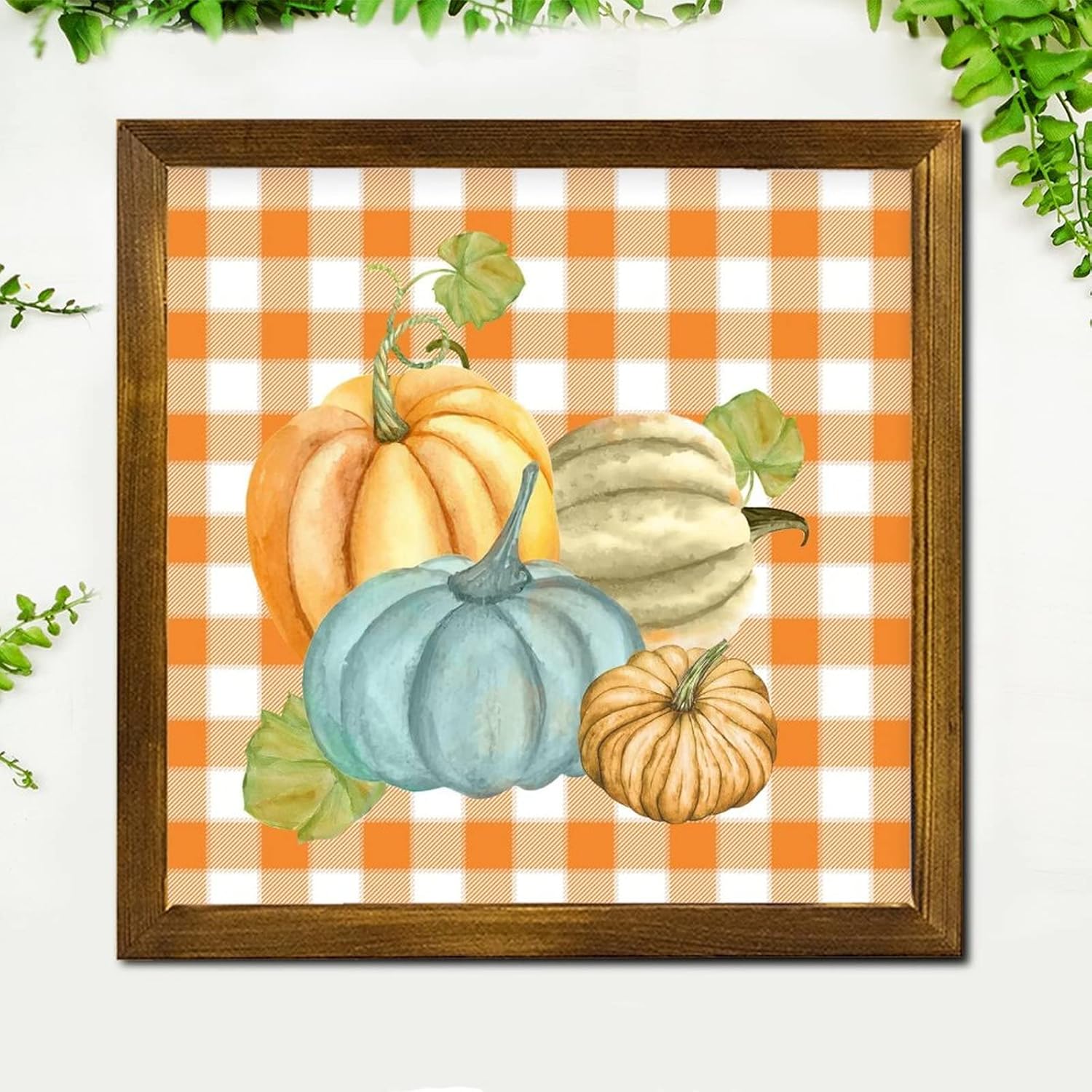 Farmhouse Pumpkin Watercolor Buffalo Plaid Framed Wooden Sign