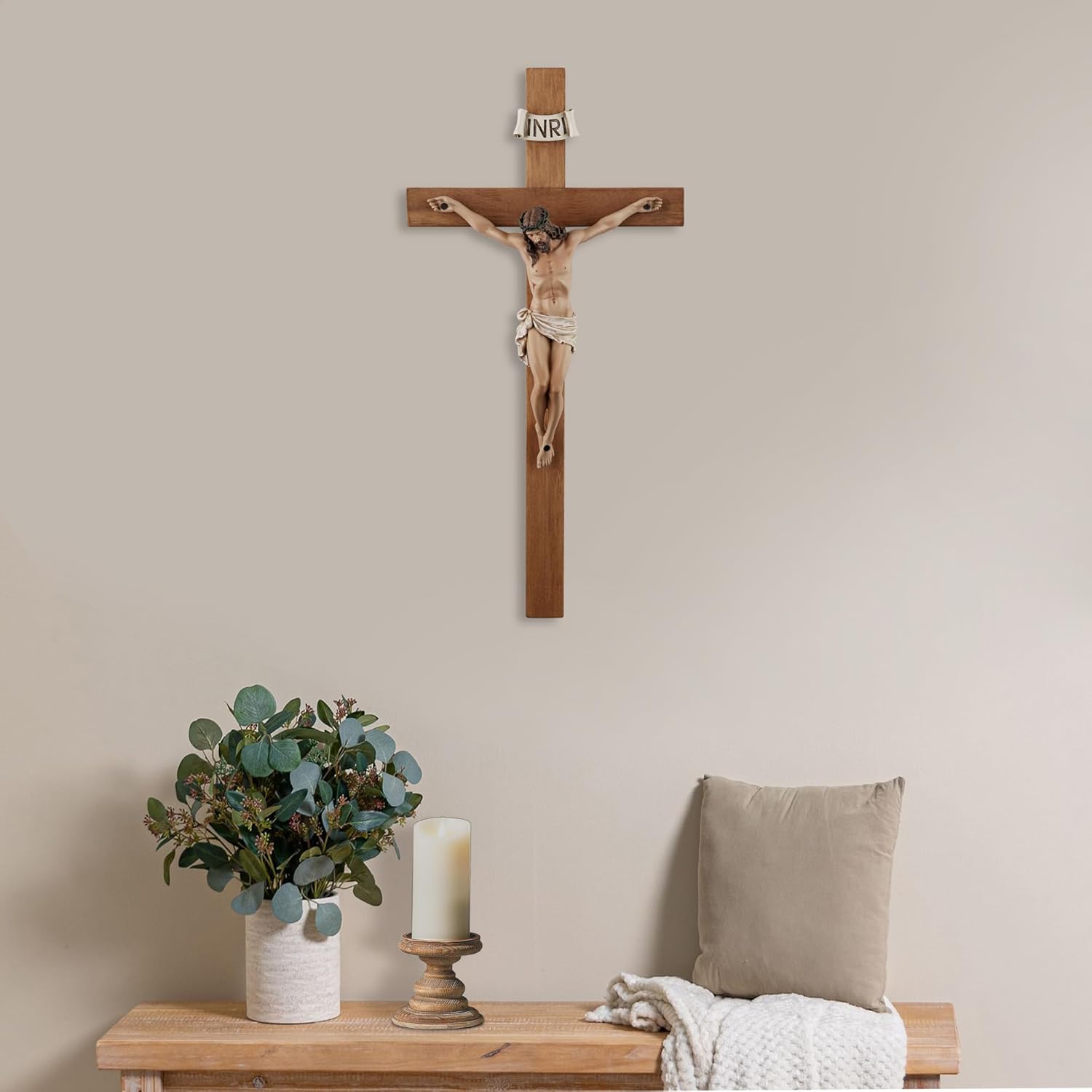 14 Inch Olive Wood Wall Cross with Painted Jesus