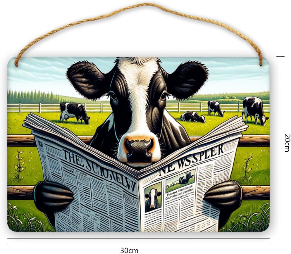 Rustic Farmhouse Cow Wall Art with Newspaper Wooden Sign