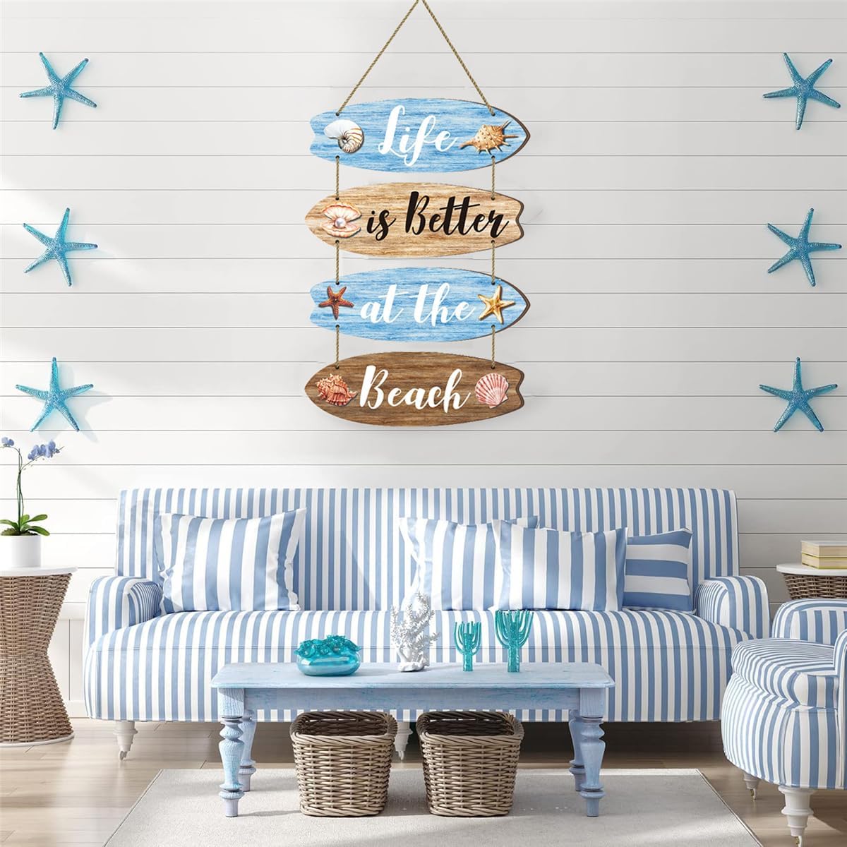 Wooden Beach Wall Decor Sign with Shells and Starfish