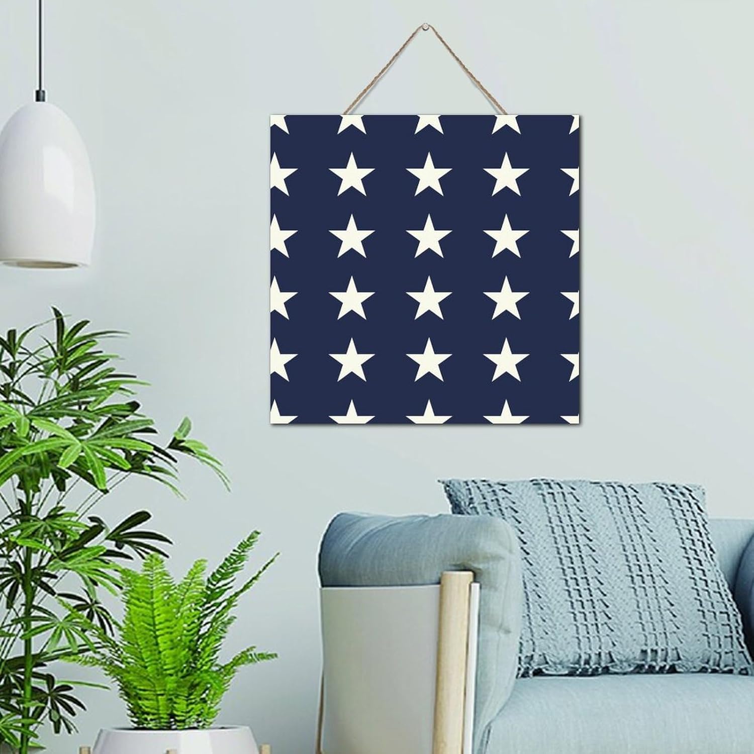 White And Blue Star 4th of July Wood Wall Sign 12x12 Inch