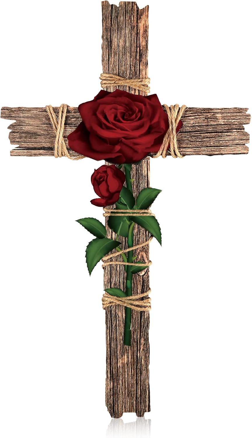 Chunful Wooden Wall Cross with Hemp Rope and Rose