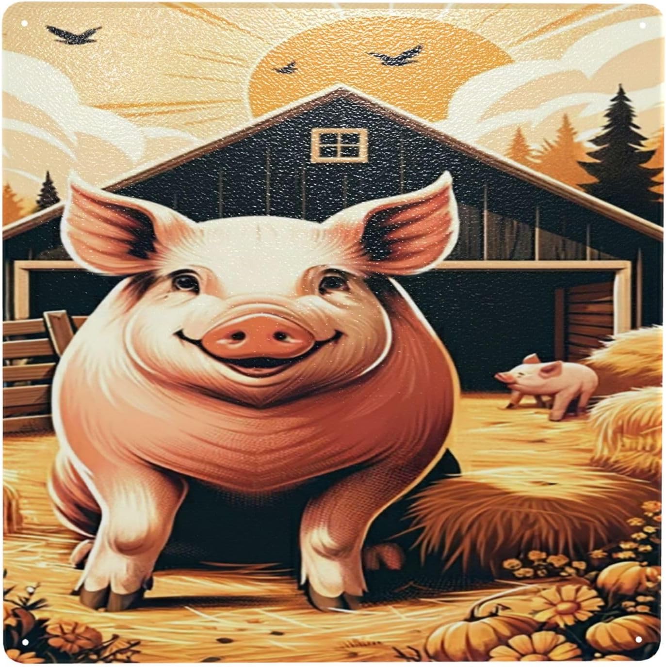 Cheerful Pig Barnyard Metal Wall Art 8x8 Inch