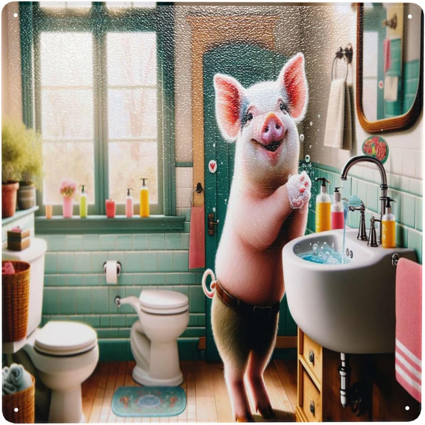 Cheerful Piglet Bathroom Decor Metal Tin Sign 1