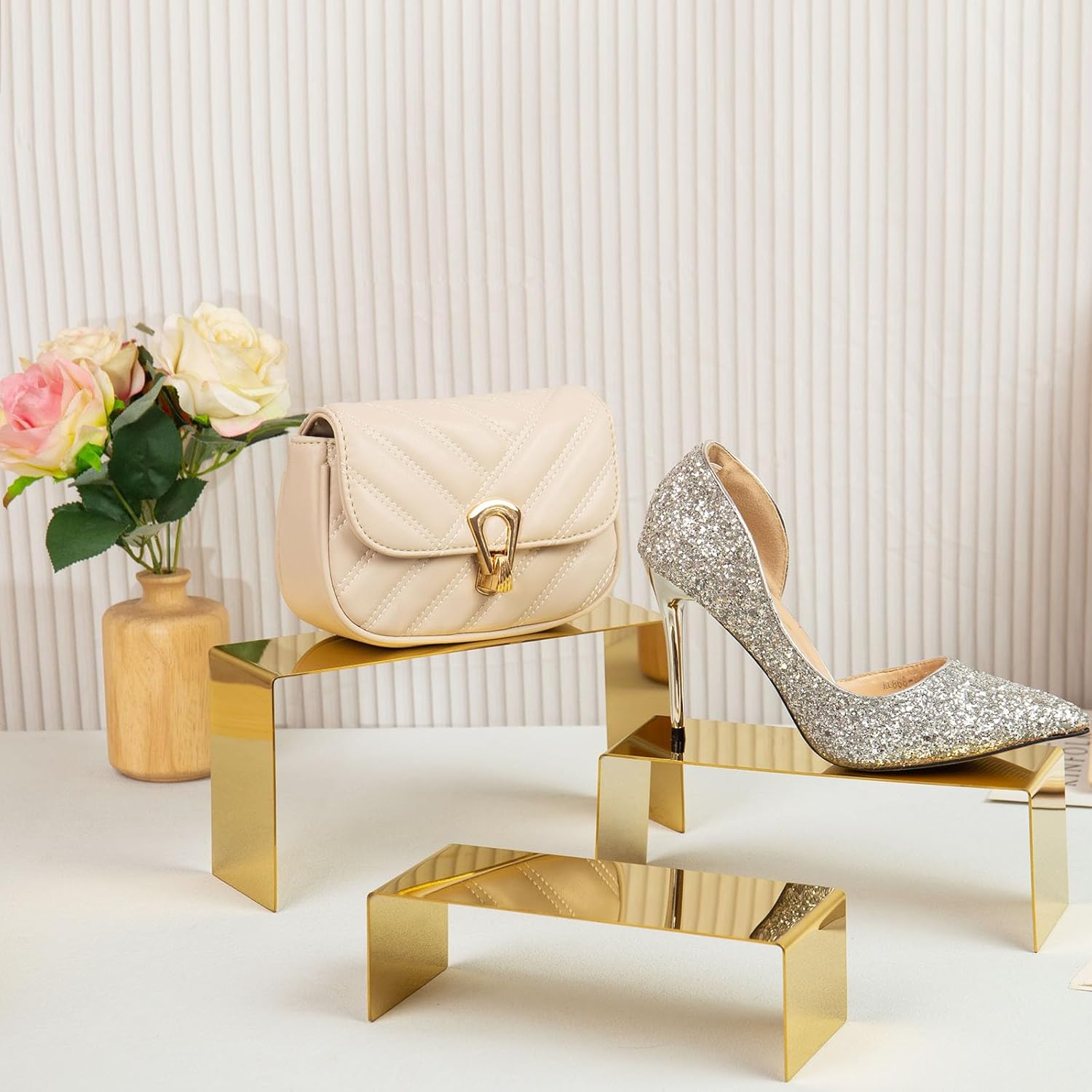 Three Gold Risers Display Stand for Handbags Shoes Jewelry