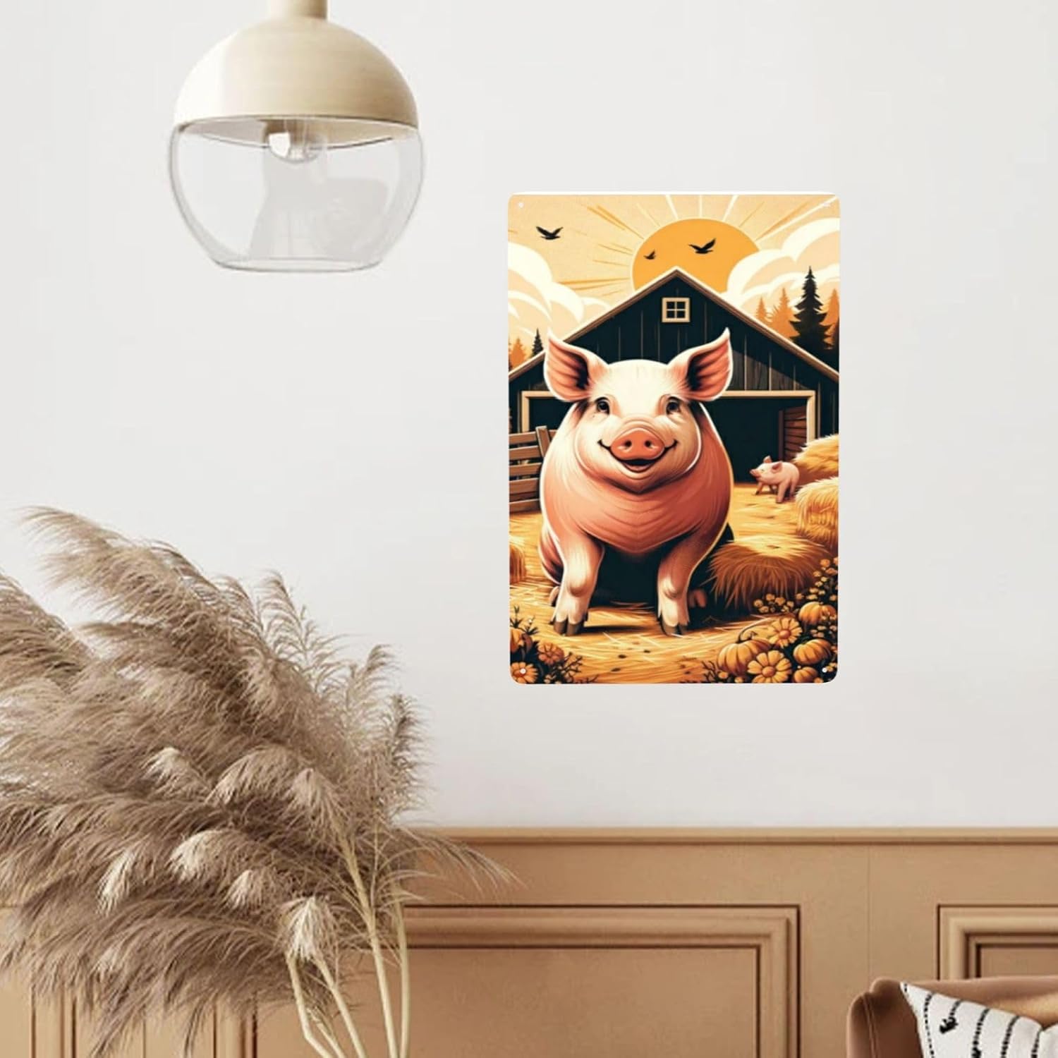 Farmhouse Metal Wall Art with Retro Pig Barnyard Tin Sign