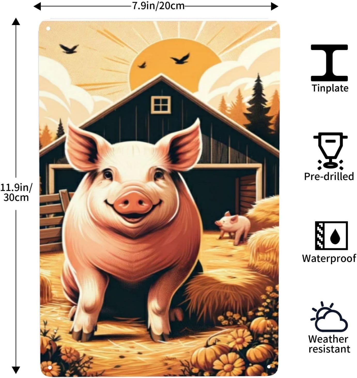 Farmhouse Metal Wall Art with Retro Pig Barnyard Tin Sign