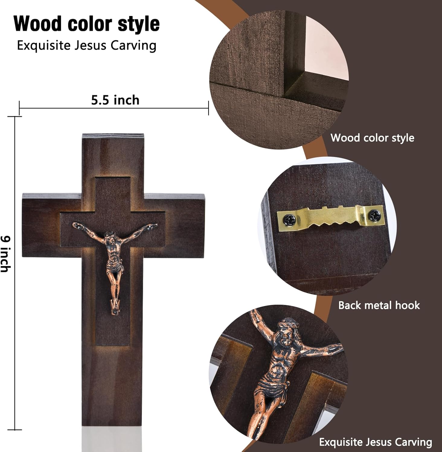 Elegant 9-Inch Wooden Cross with Metal Hook