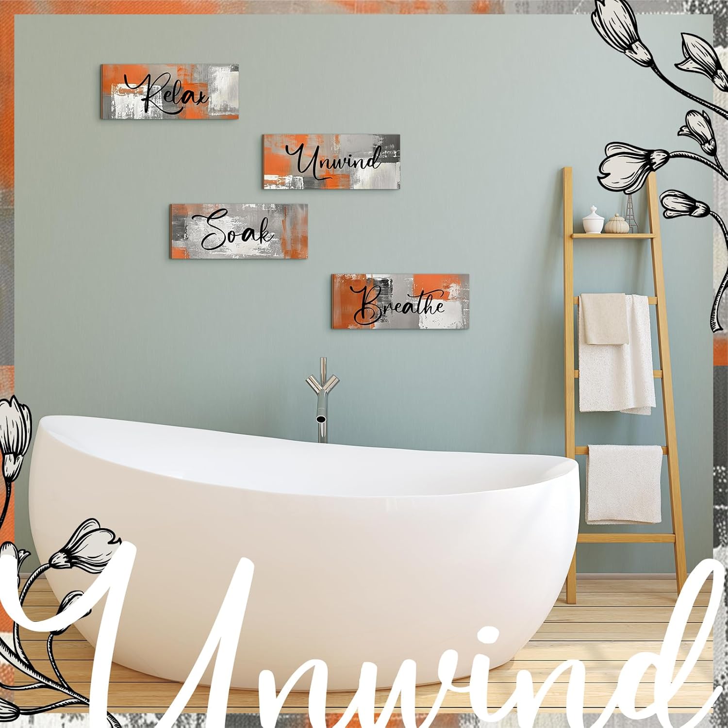 Maitys 4 Pcs Orange Bathroom Wall Decor Wood Art Pediments