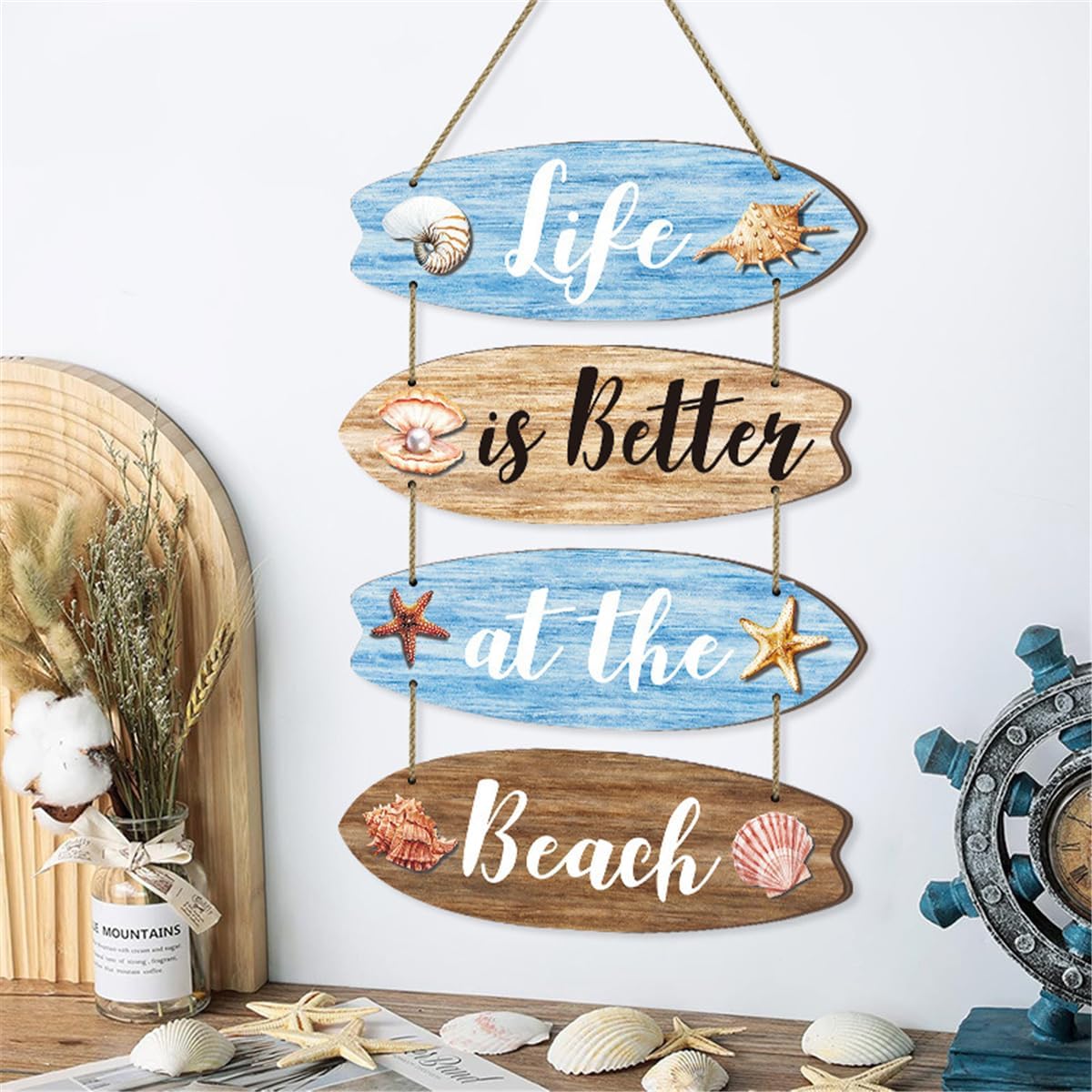 Wooden Beach Wall Decor Sign with Shells and Starfish