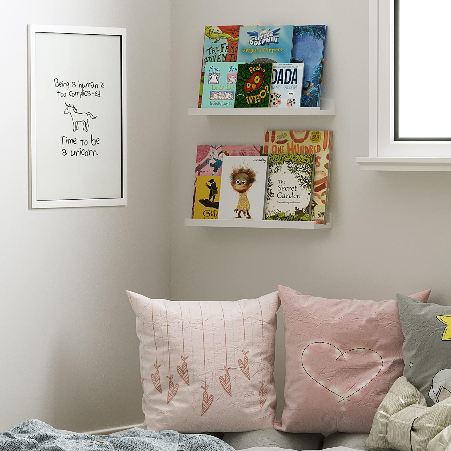Wallniture Denver 17 White Floating Bookshelf and Picture Ledge Set of 2