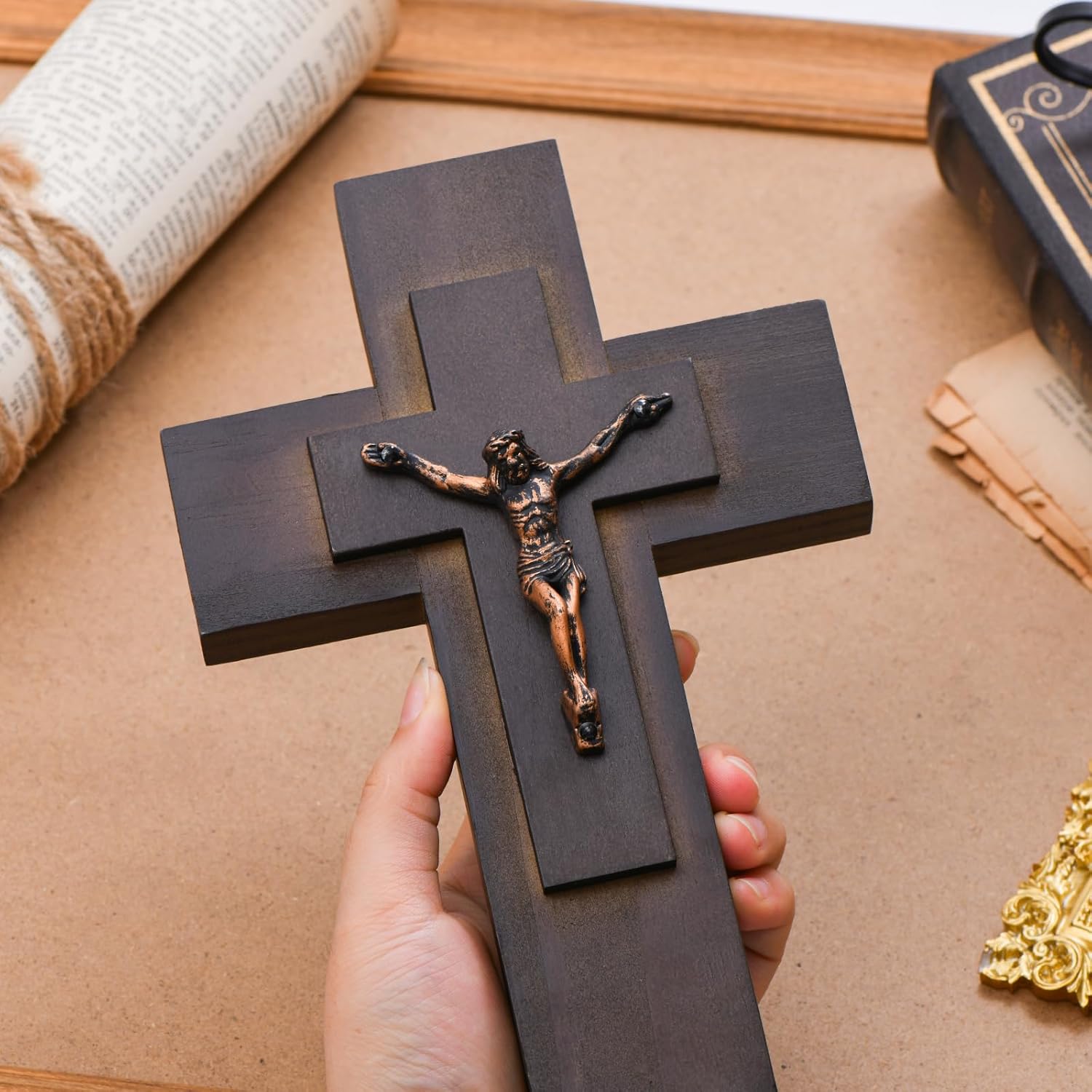 Elegant 9-Inch Wooden Cross with Metal Hook