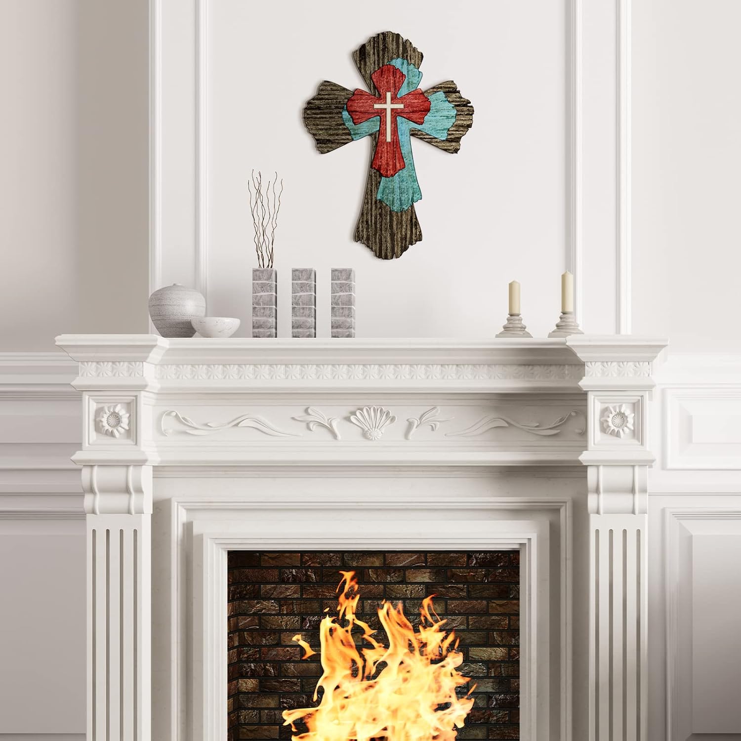 Blulu Rustic Wooden Wall Cross Decor Art Sculpture