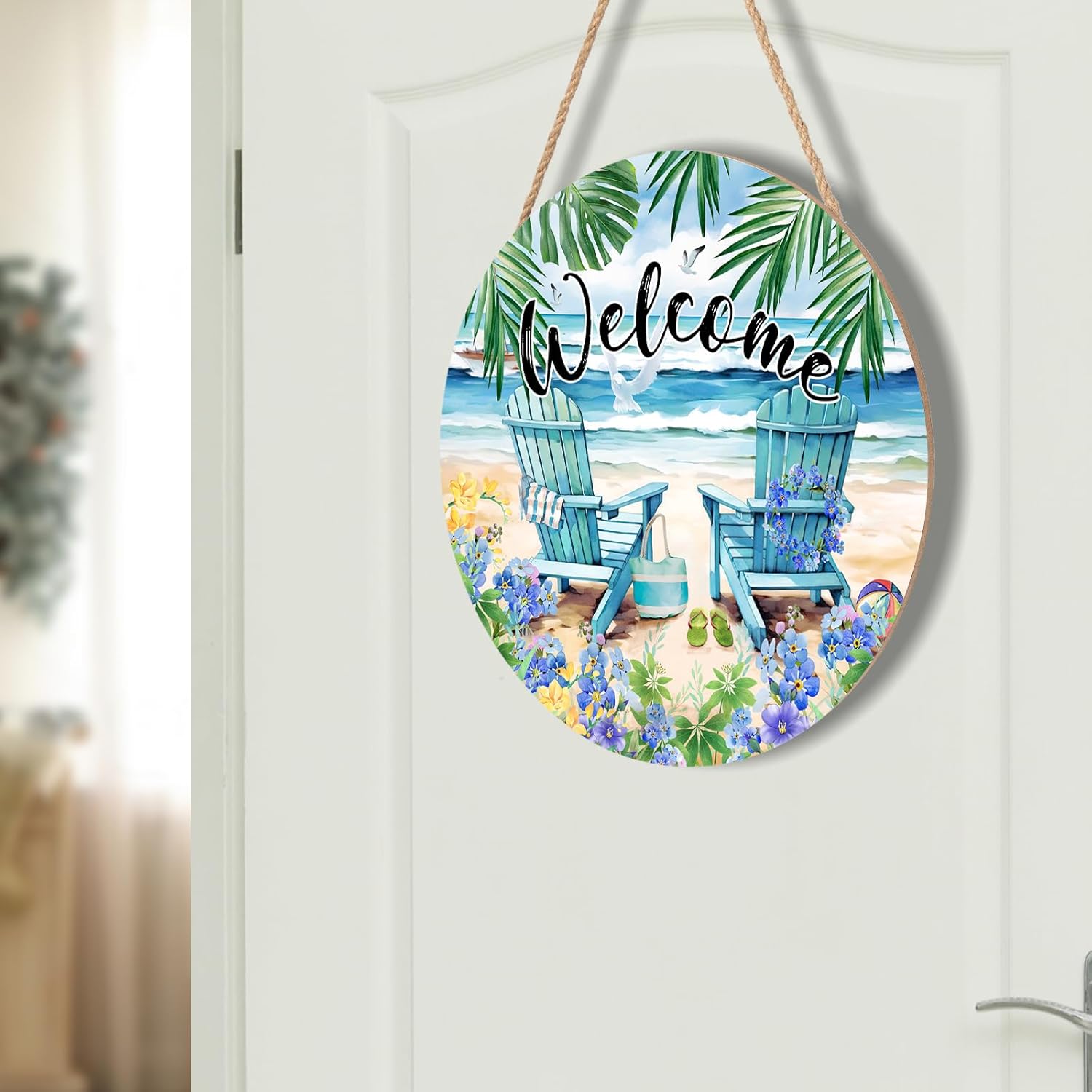 Welcome Summer Sea Chair Front Door Sign Wooden Wreath 12x12