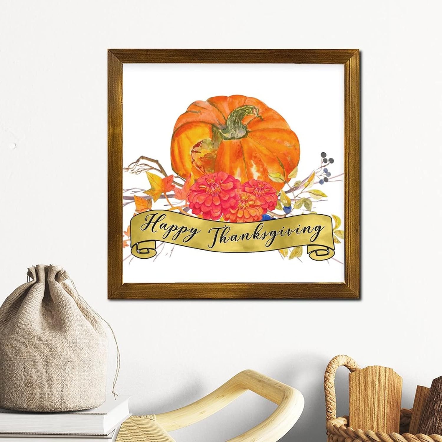 Happy Thanksgiving Framed Wood Wall Sign 12x12 Inch