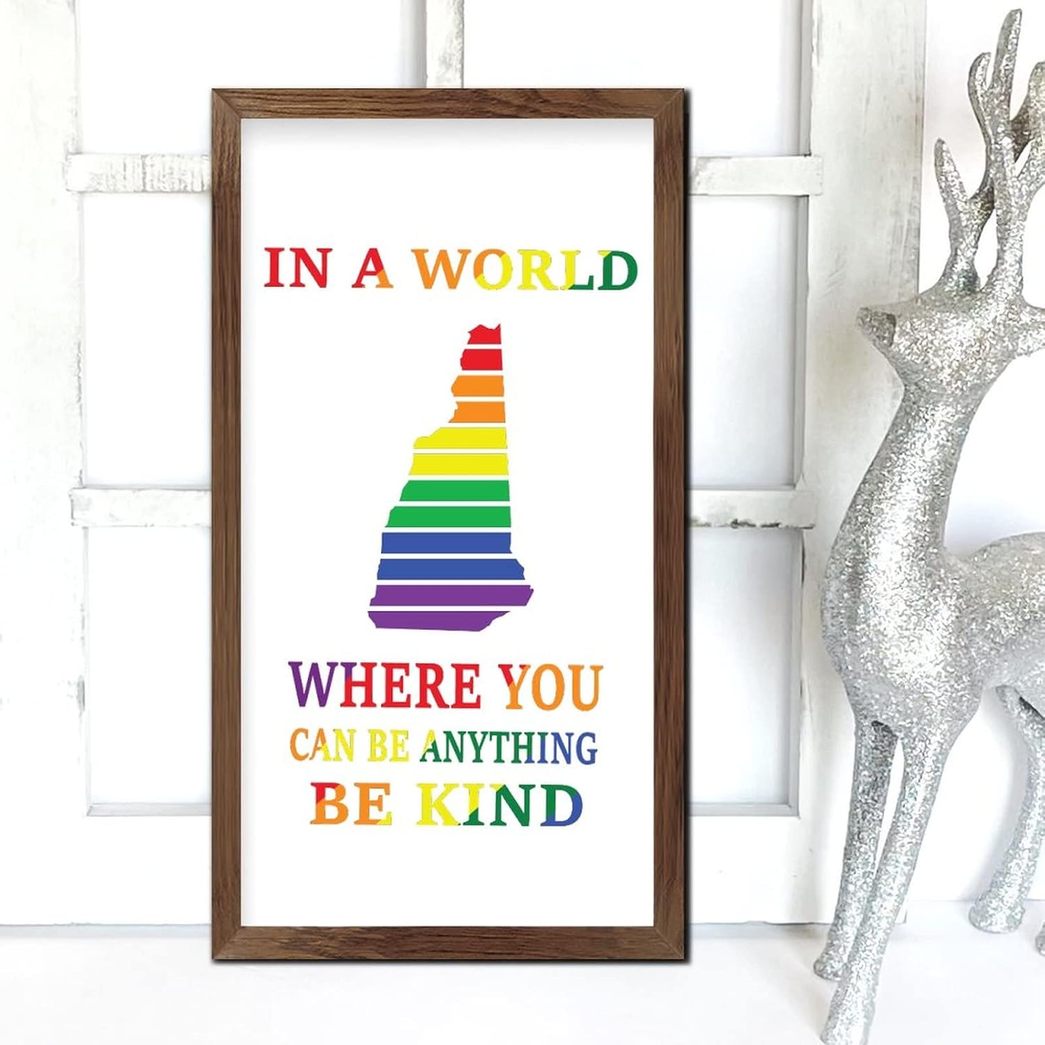 Rainbow New Hampshire Map Wood Framed Sign 22x12
