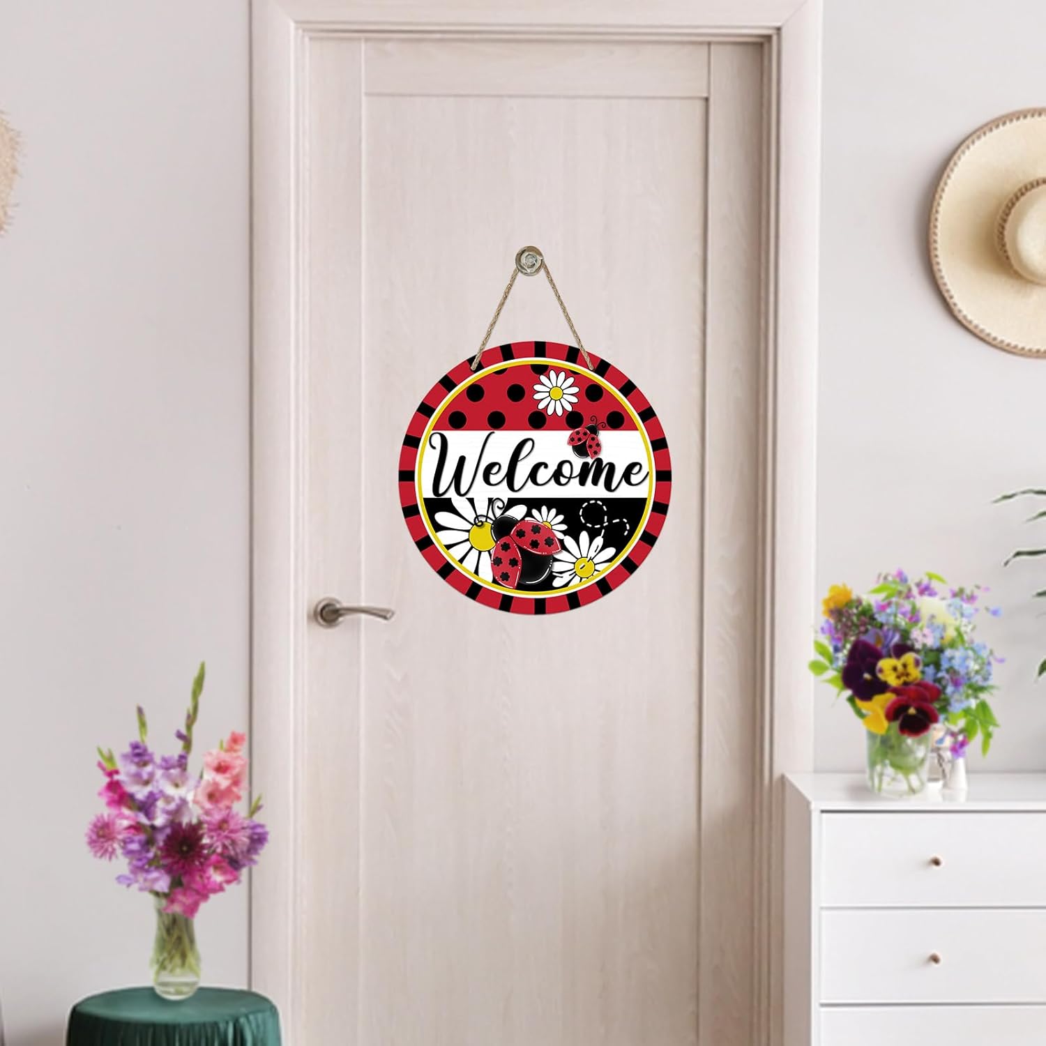 Welcome Spring Ladybug Front Door Sign Rustic Wood Decor