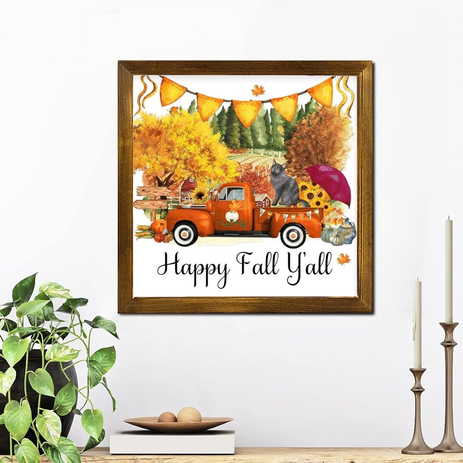 Happy Fall Yall Farm Flower Orange Truck Cat Framed Wood Sign